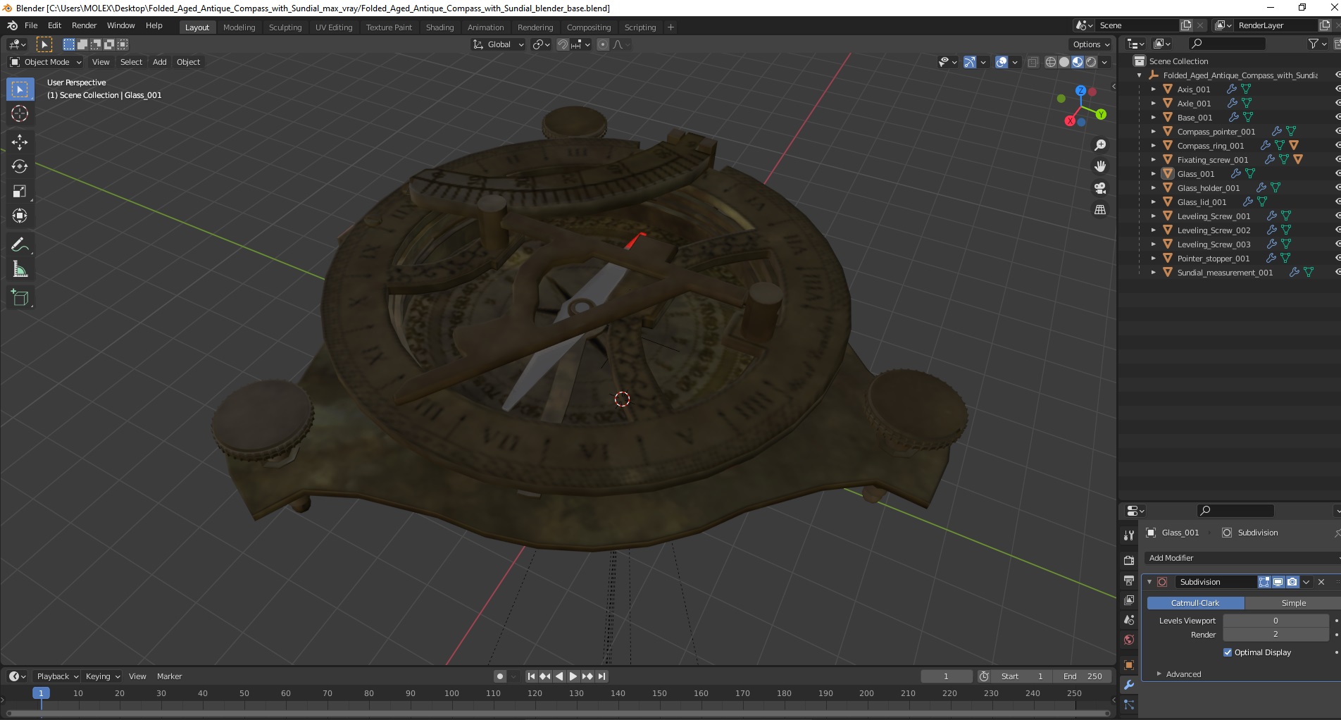 3D model Folded Aged Antique Compass with Sundial