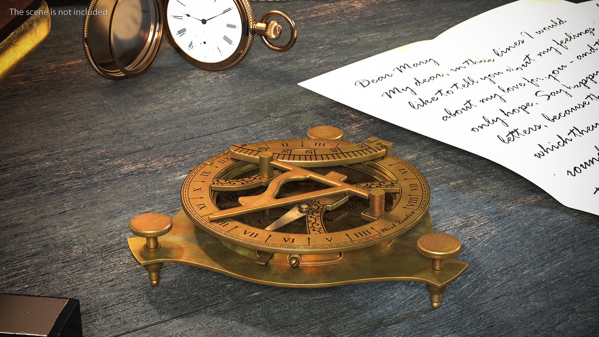 3D model Folded Aged Antique Compass with Sundial