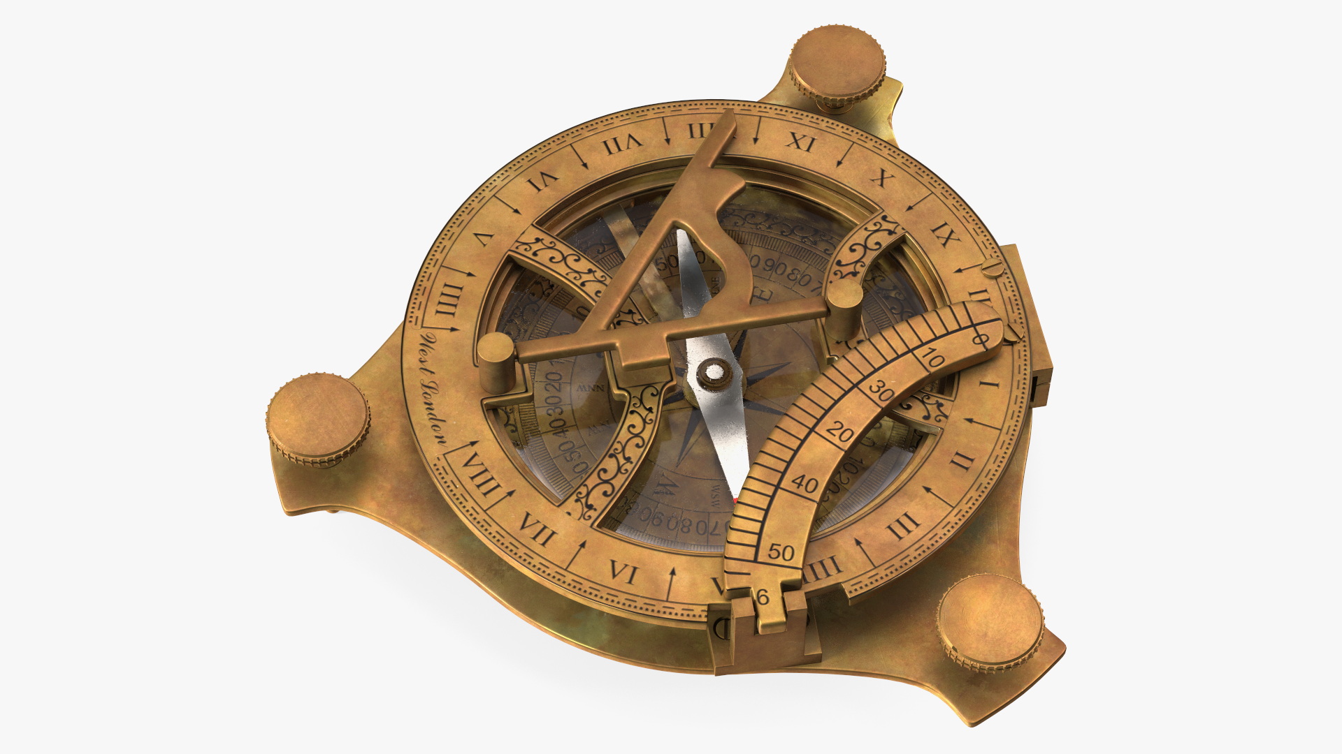 3D model Folded Aged Antique Compass with Sundial