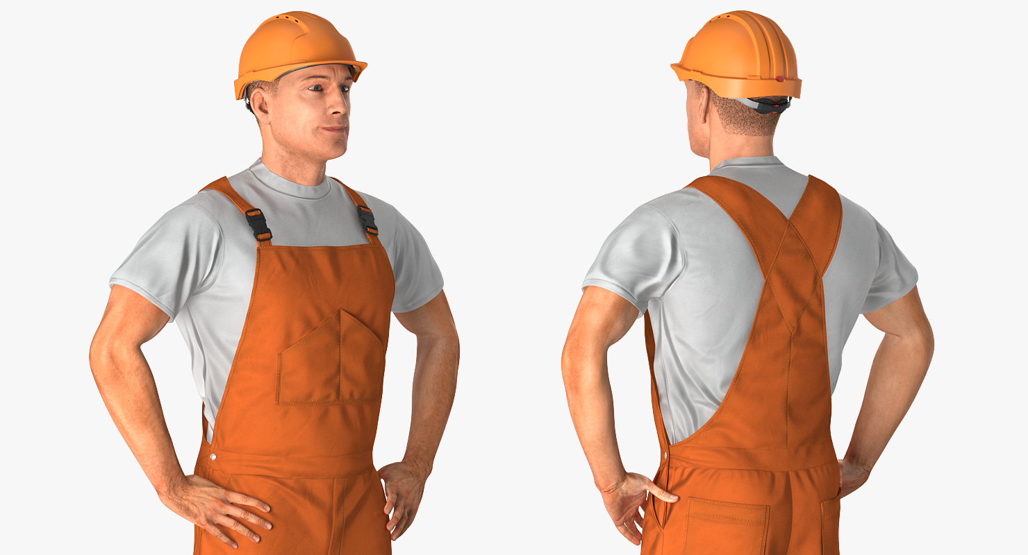 Worker In Orange Overalls with Hardhat Standing Pose 3D