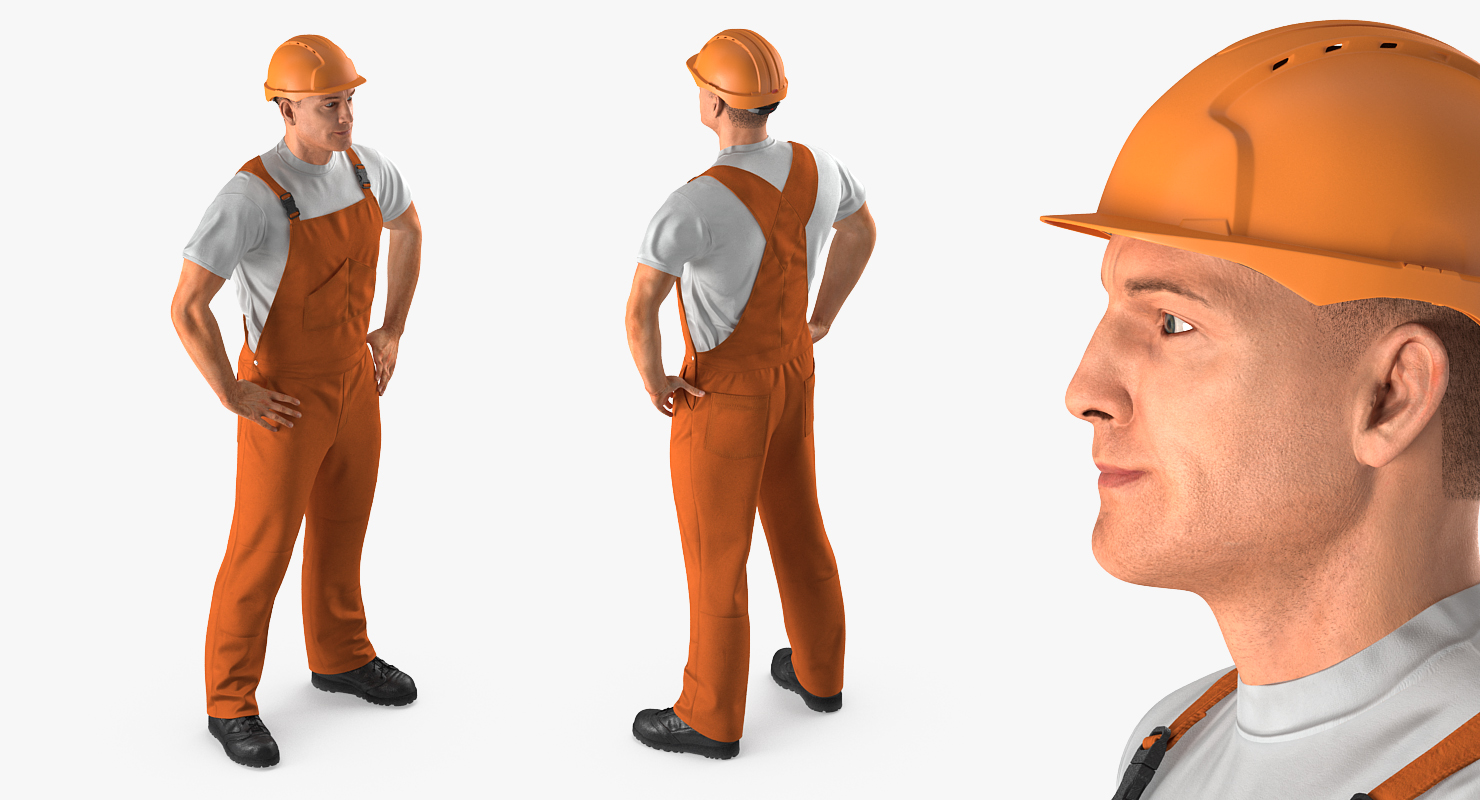 Worker In Orange Overalls with Hardhat Standing Pose 3D