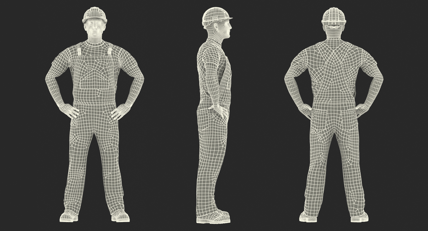 Worker In Orange Overalls with Hardhat Standing Pose 3D