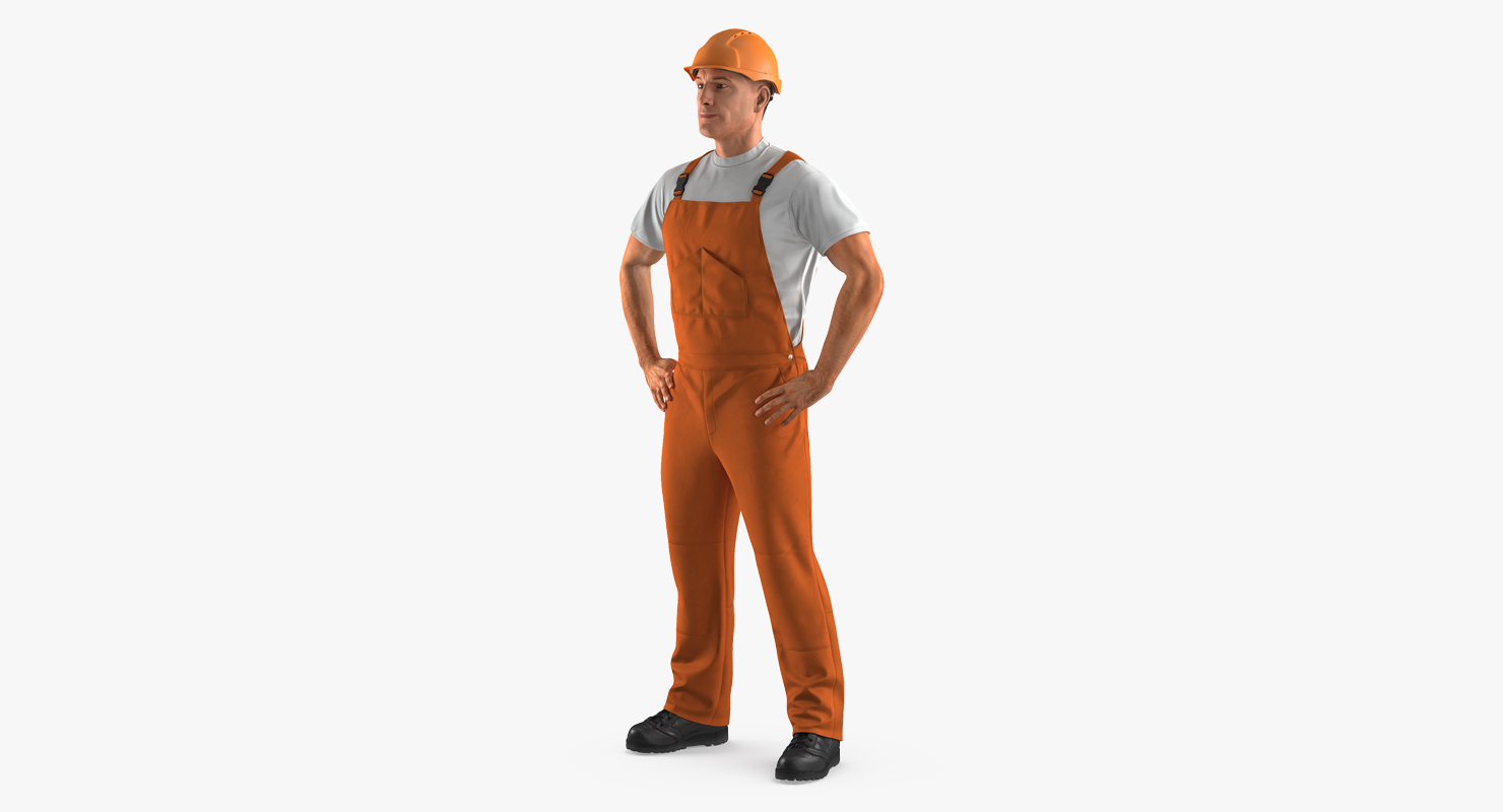 Worker In Orange Overalls with Hardhat Standing Pose 3D