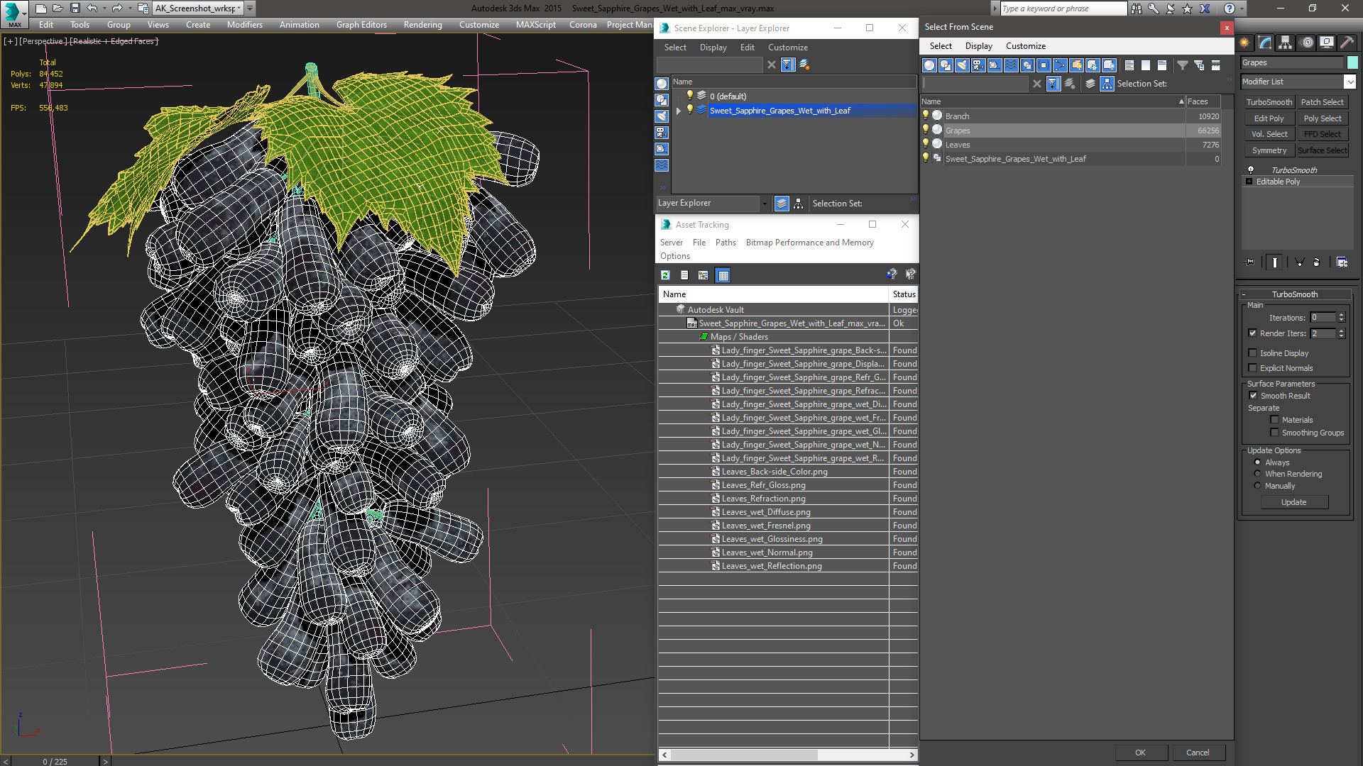 3D model Sweet Sapphire Grapes Wet with Leaf