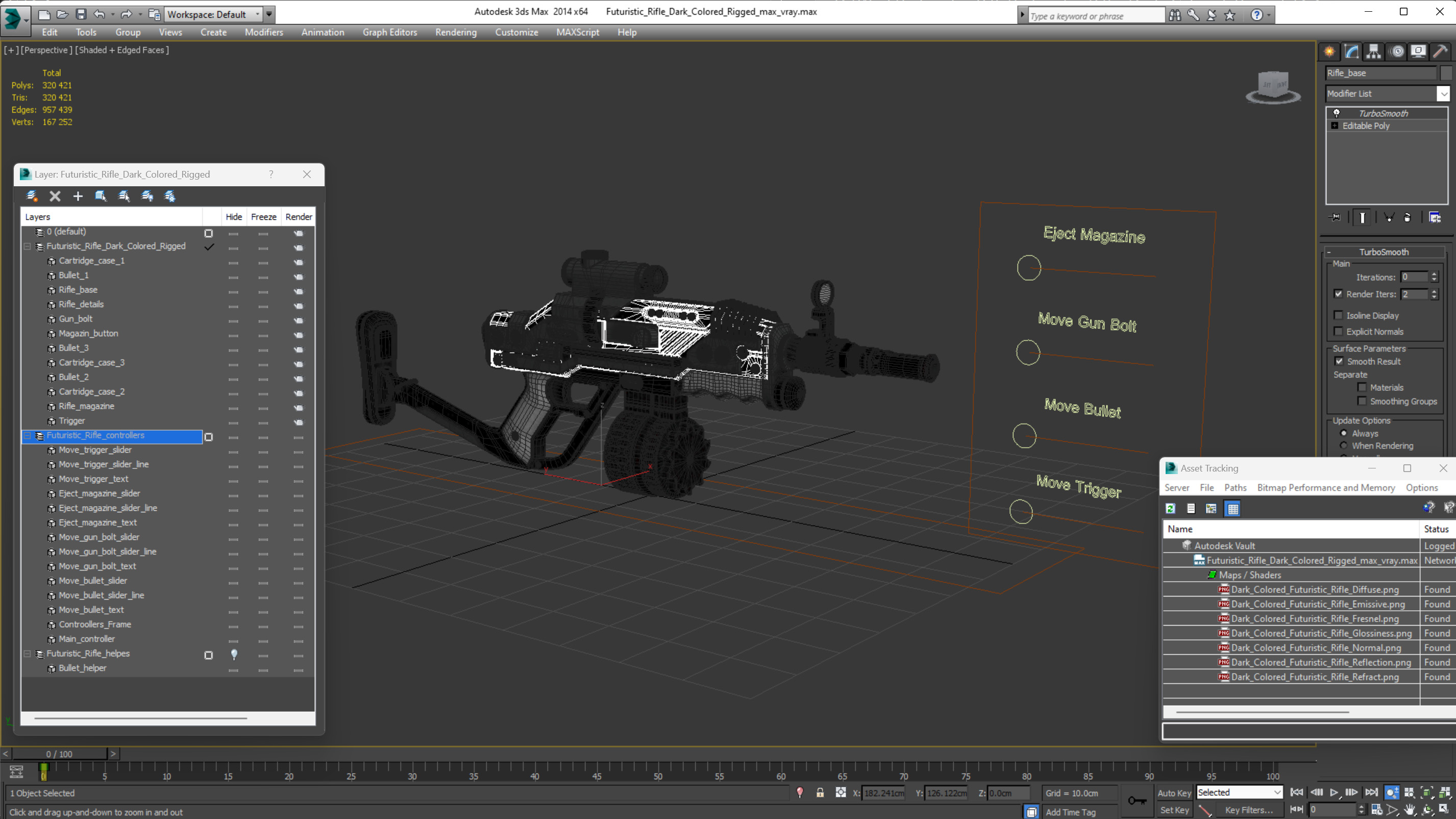 3D model Futuristic Rifle Dark Colored Rigged for Maya
