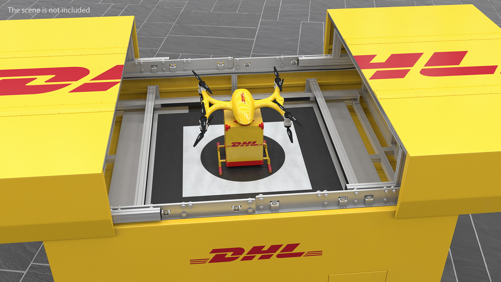 DHL Express Delivery Drone Station with Quadcopter Rigged 3D