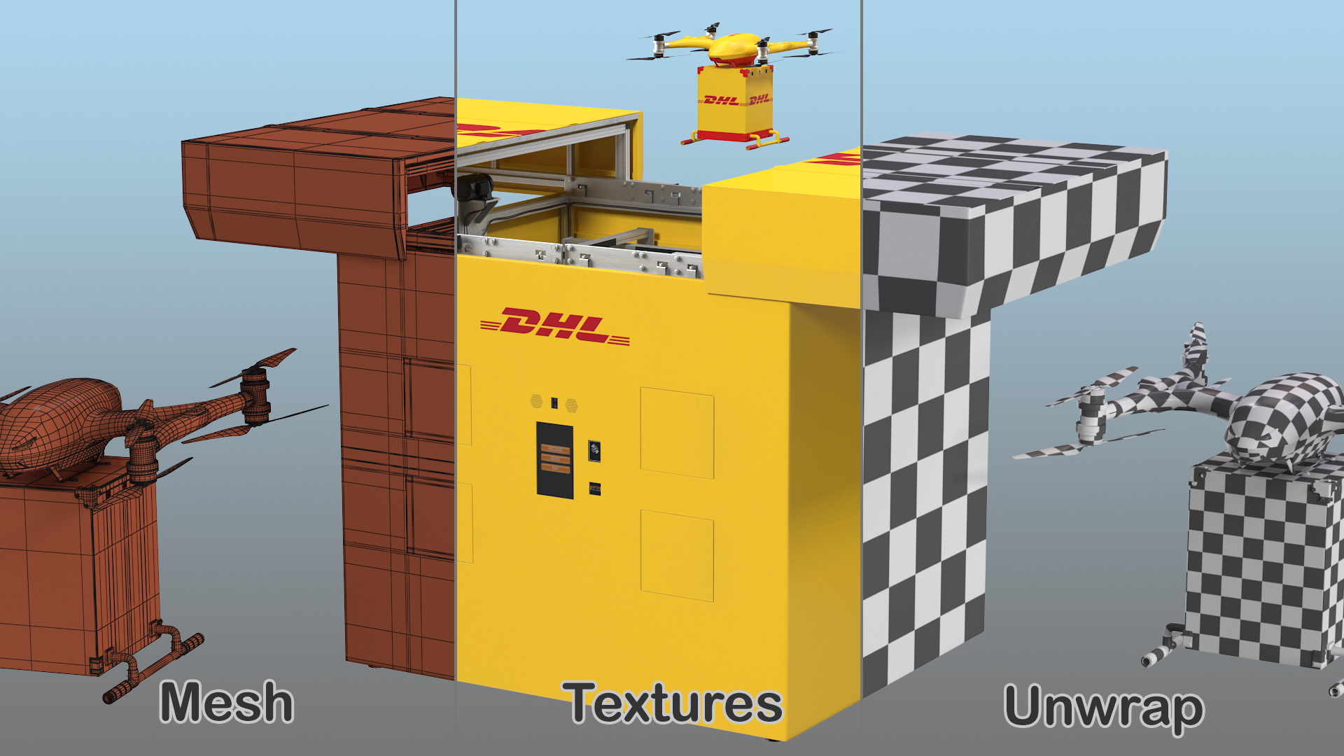 DHL Express Delivery Drone Station with Quadcopter Rigged 3D