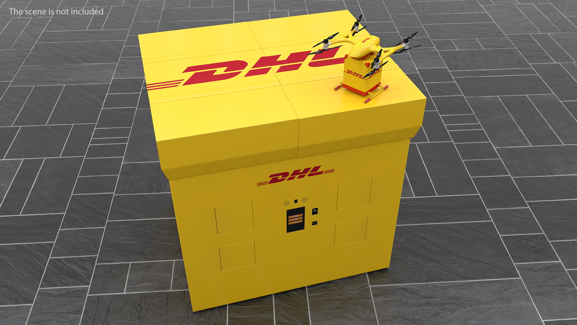 DHL Express Delivery Drone Station with Quadcopter Rigged 3D