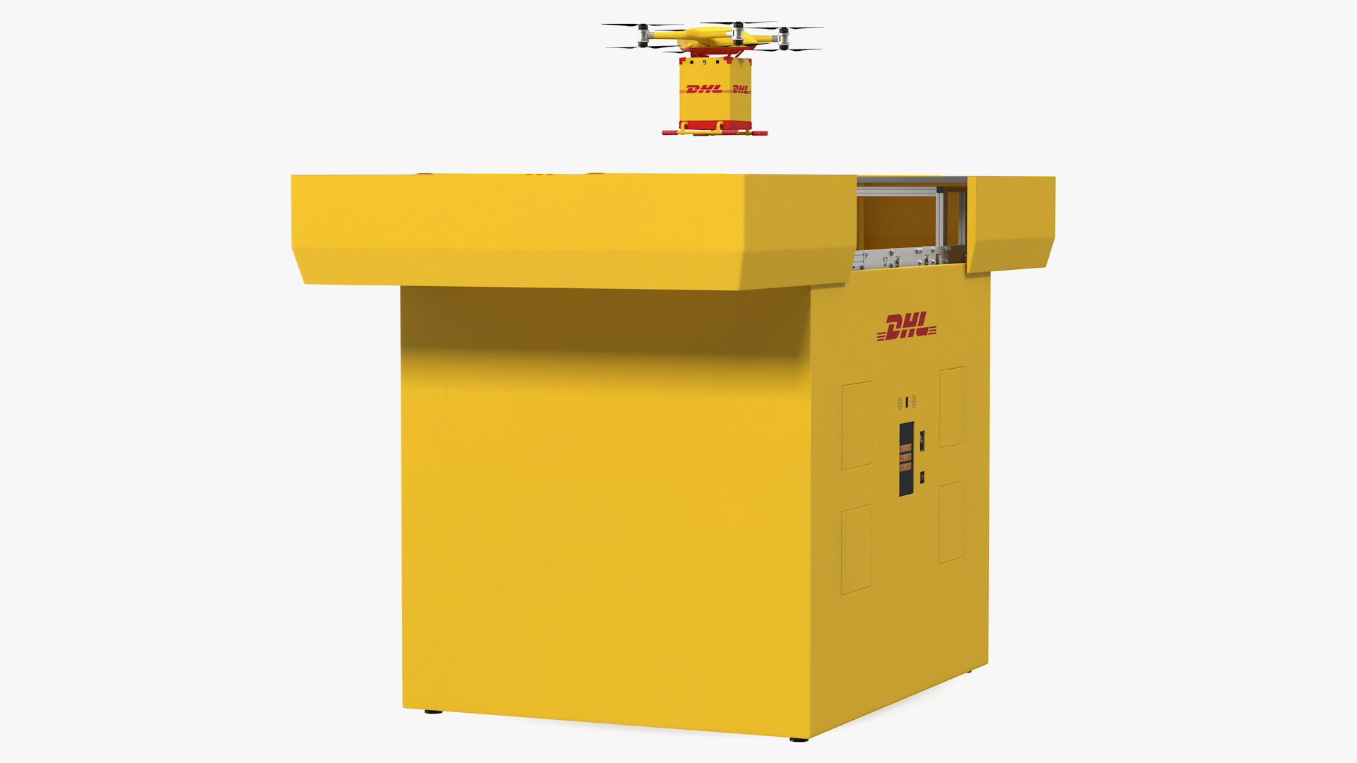 DHL Express Delivery Drone Station with Quadcopter Rigged 3D