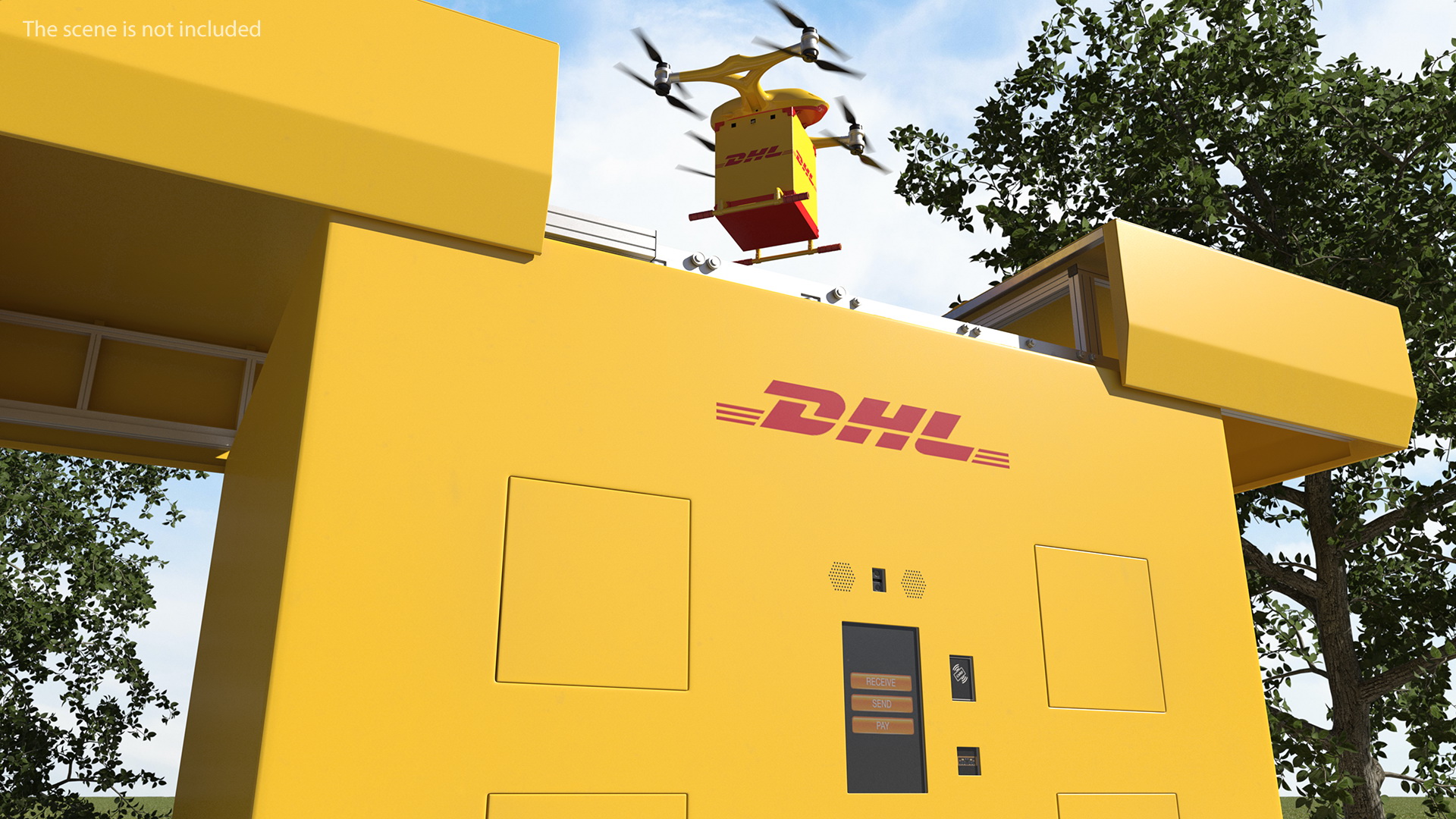 DHL Express Delivery Drone Station with Quadcopter Rigged 3D