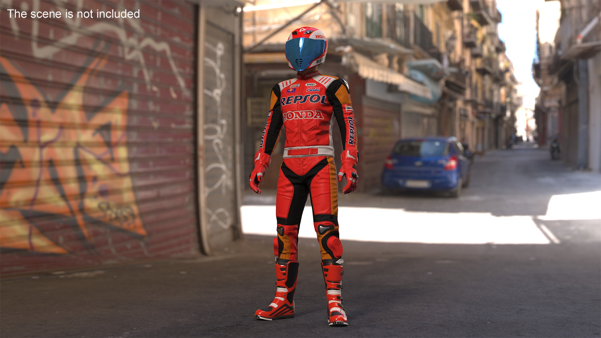 Bike Rider in Honda Racing Suit with Helmet Standing 3D