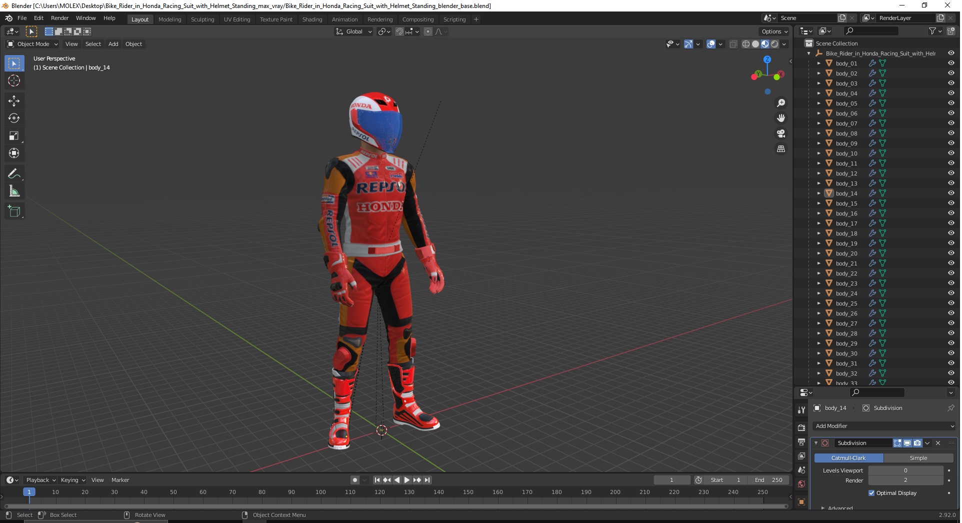 Bike Rider in Honda Racing Suit with Helmet Standing 3D