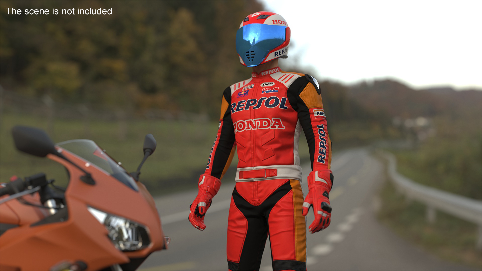 Bike Rider in Honda Racing Suit with Helmet Standing 3D