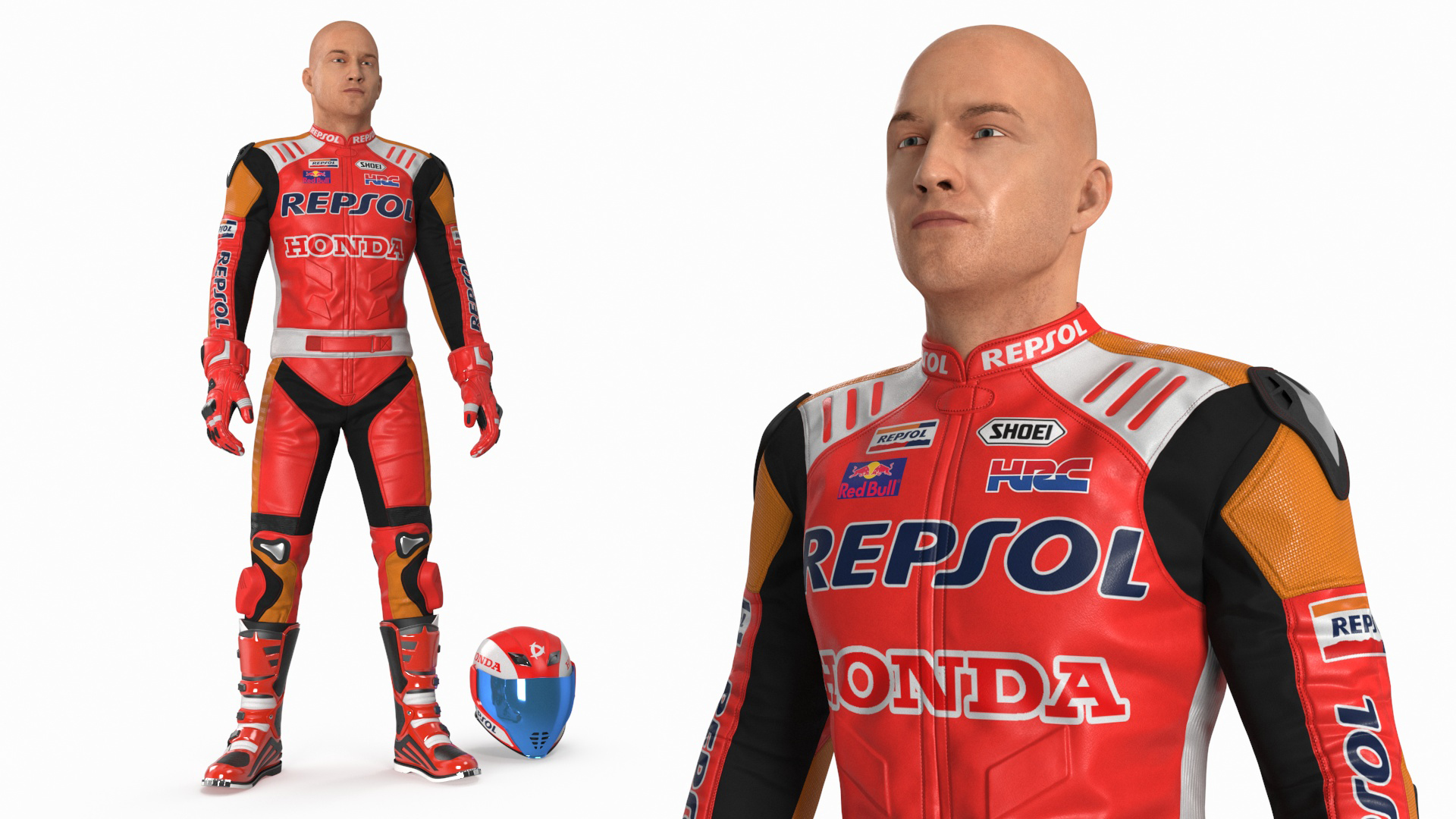 Bike Rider in Honda Racing Suit with Helmet Standing 3D
