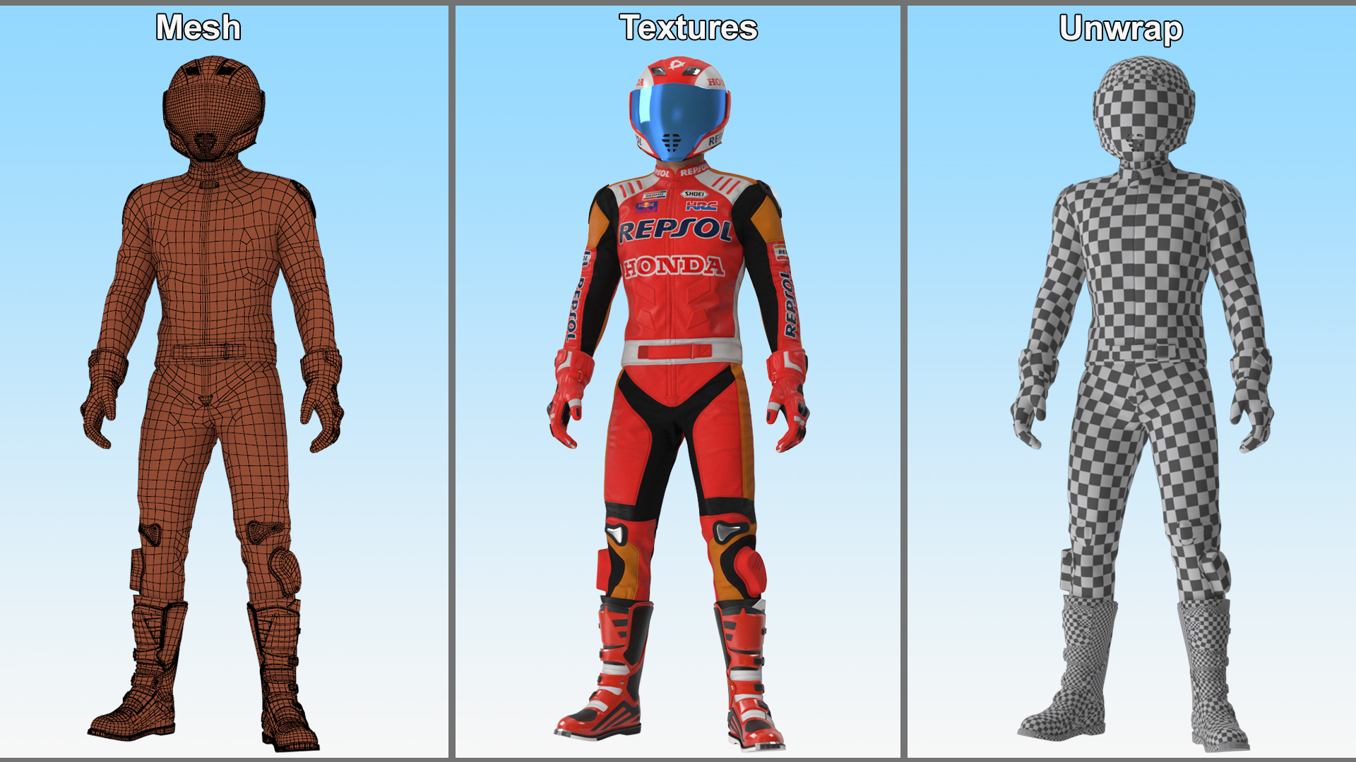 Bike Rider in Honda Racing Suit with Helmet Standing 3D