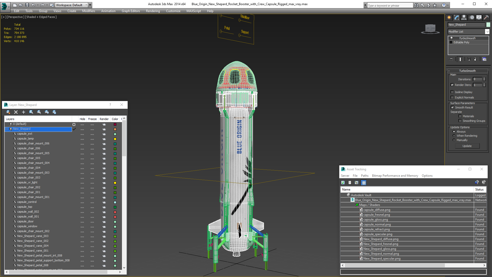 3D Blue Origin New Shepard Rocket Booster with Crew Capsule Rigged model