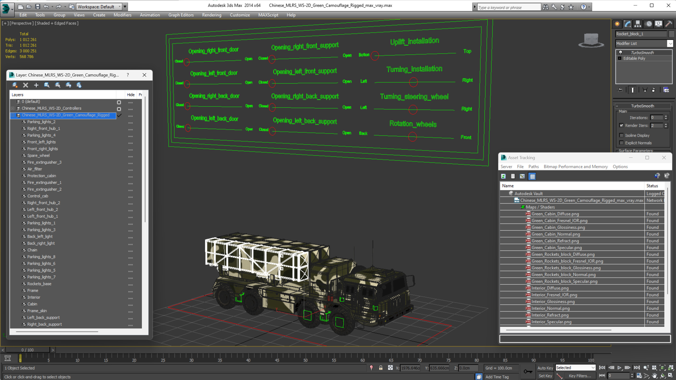 3D Chinese MLRS WS-2D Green Camouflage Rigged for Maya