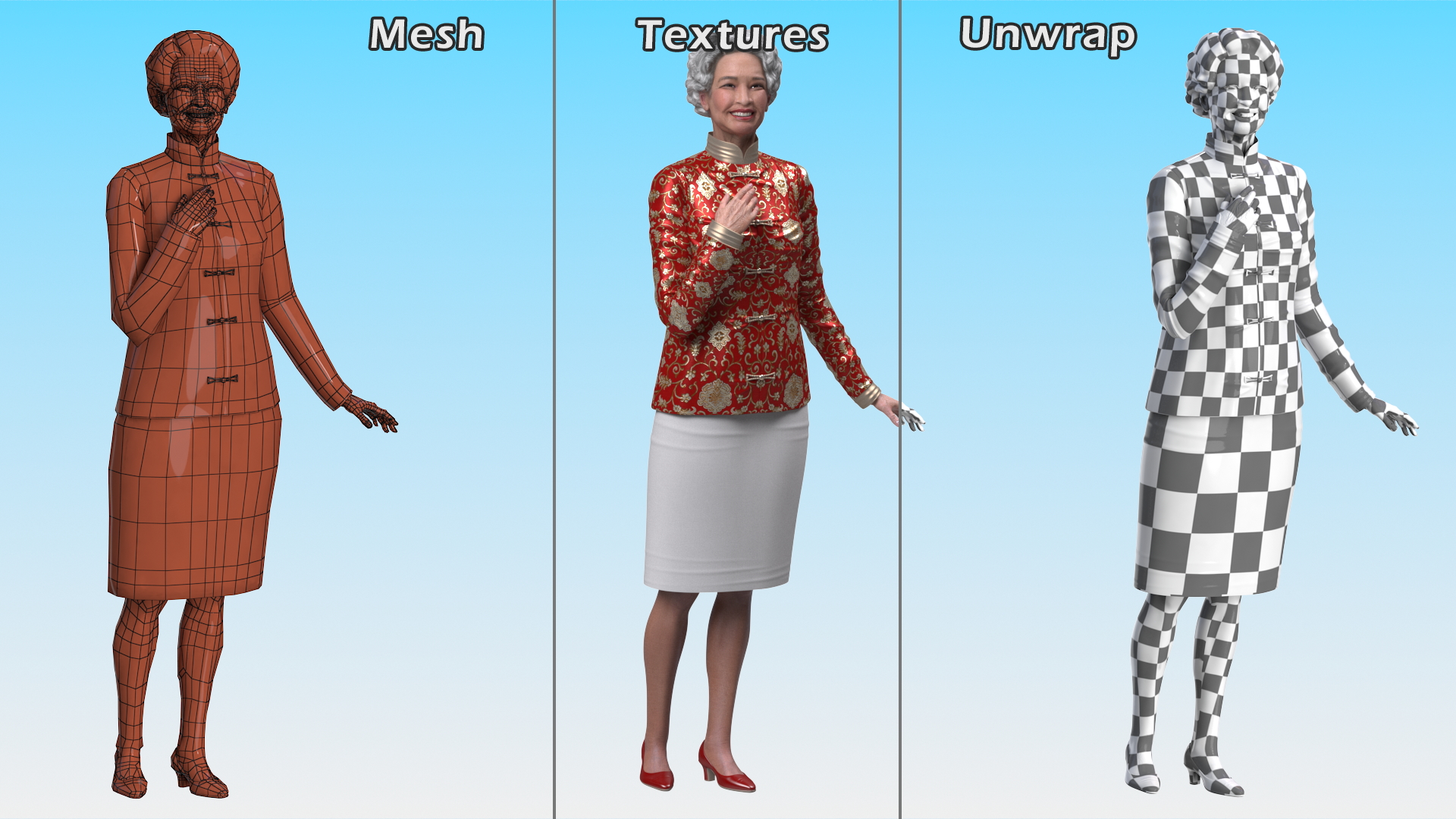 3D model Asian Grandma Traditional Dress Standing