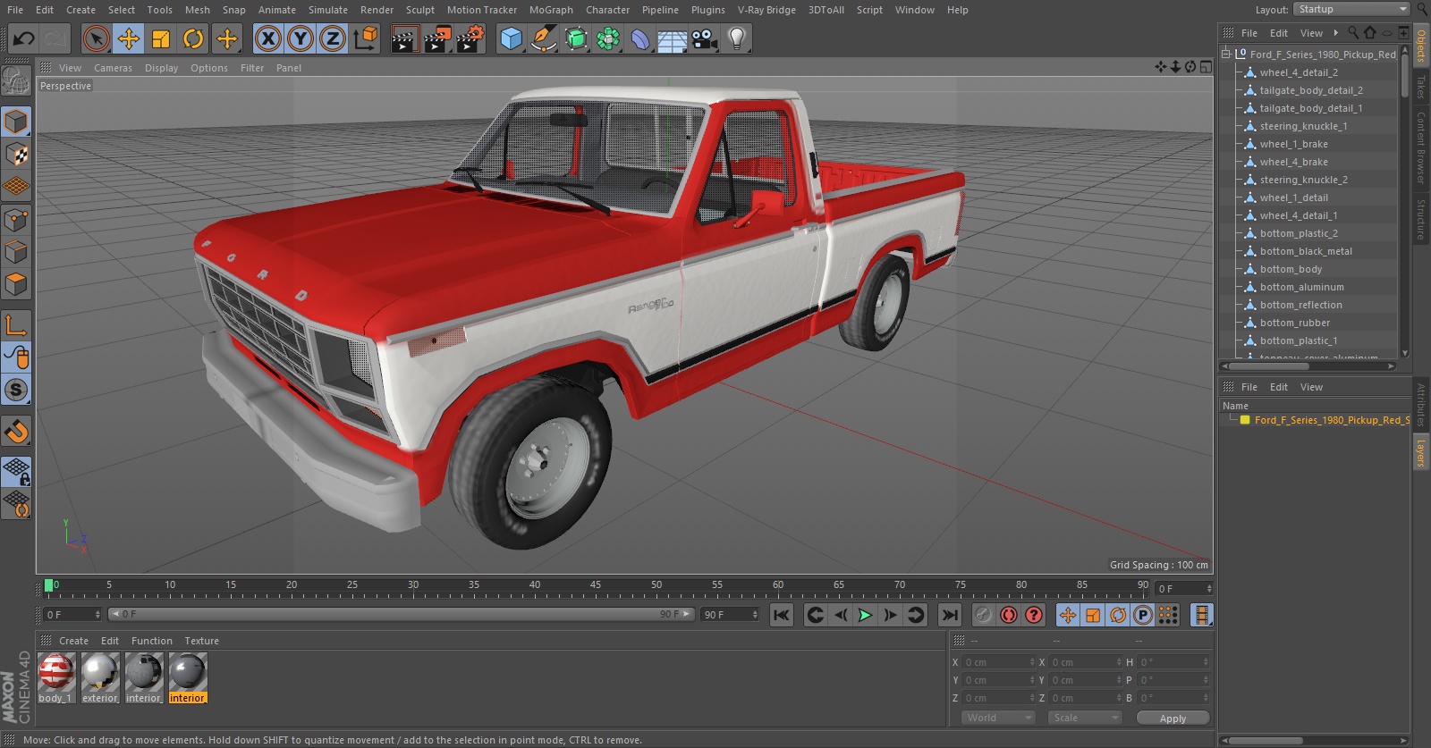3D model Ford F Series 1980 Pickup Red Simple Interior