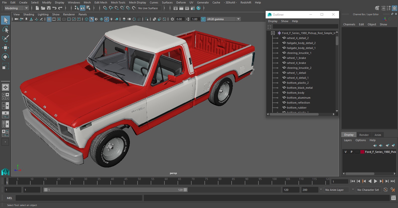 3D model Ford F Series 1980 Pickup Red Simple Interior