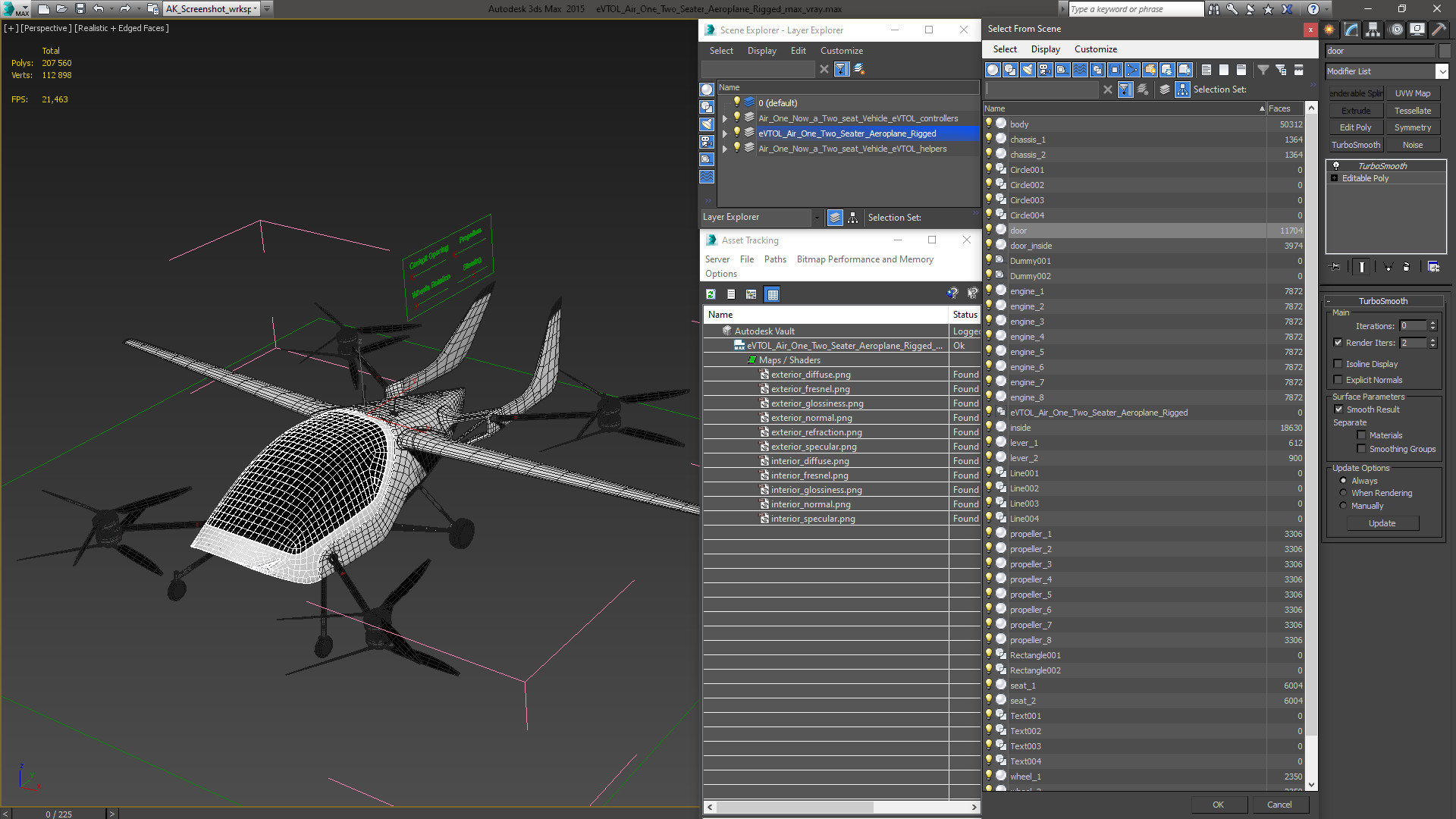 3D eVTOL Air One Two Seater Aeroplane Rigged