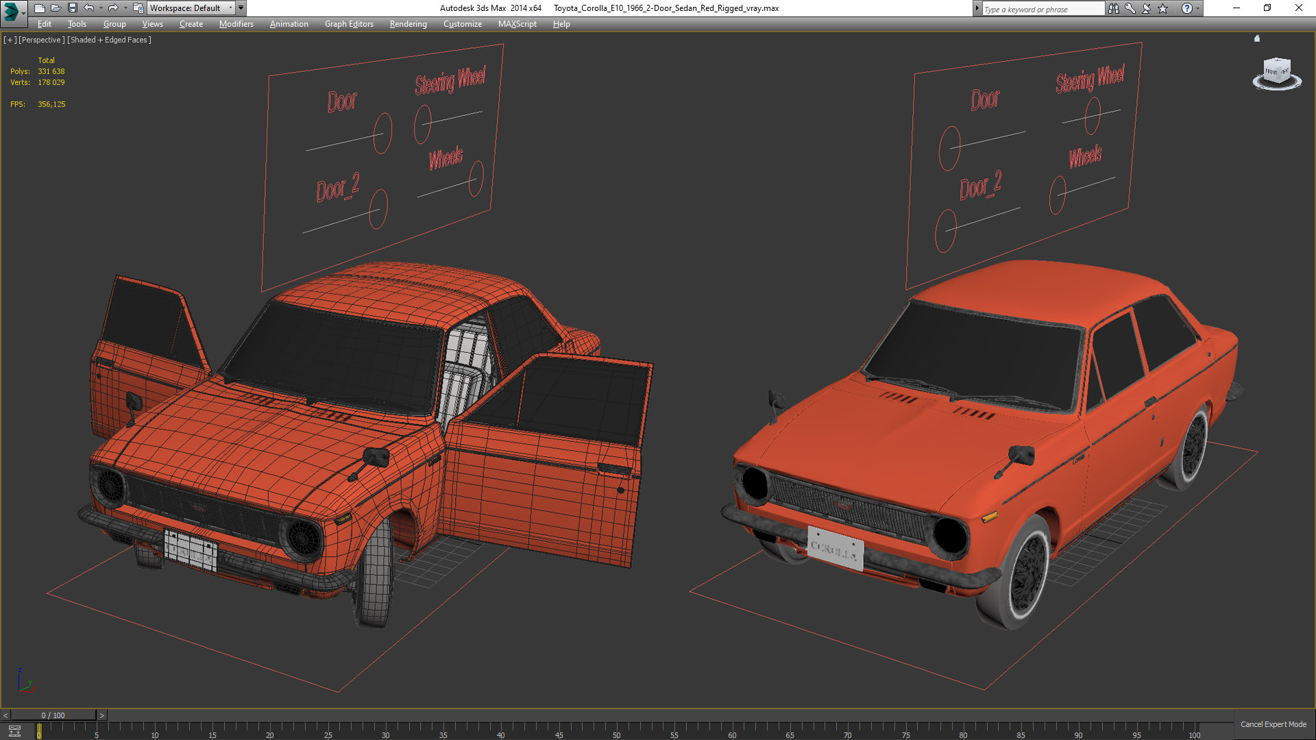 3D Toyota Corolla E10 1966 2-Door Sedan Red Rigged for Maya