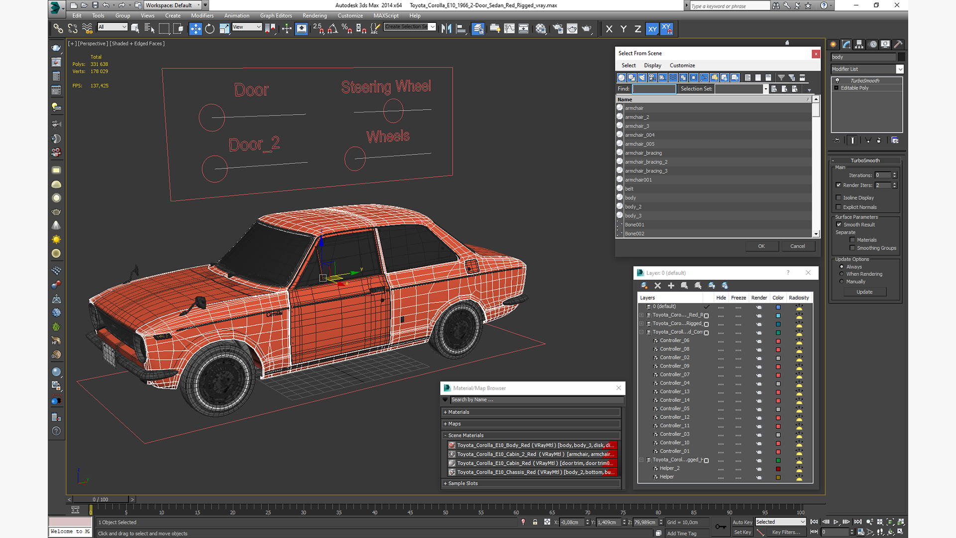3D Toyota Corolla E10 1966 2-Door Sedan Red Rigged for Maya