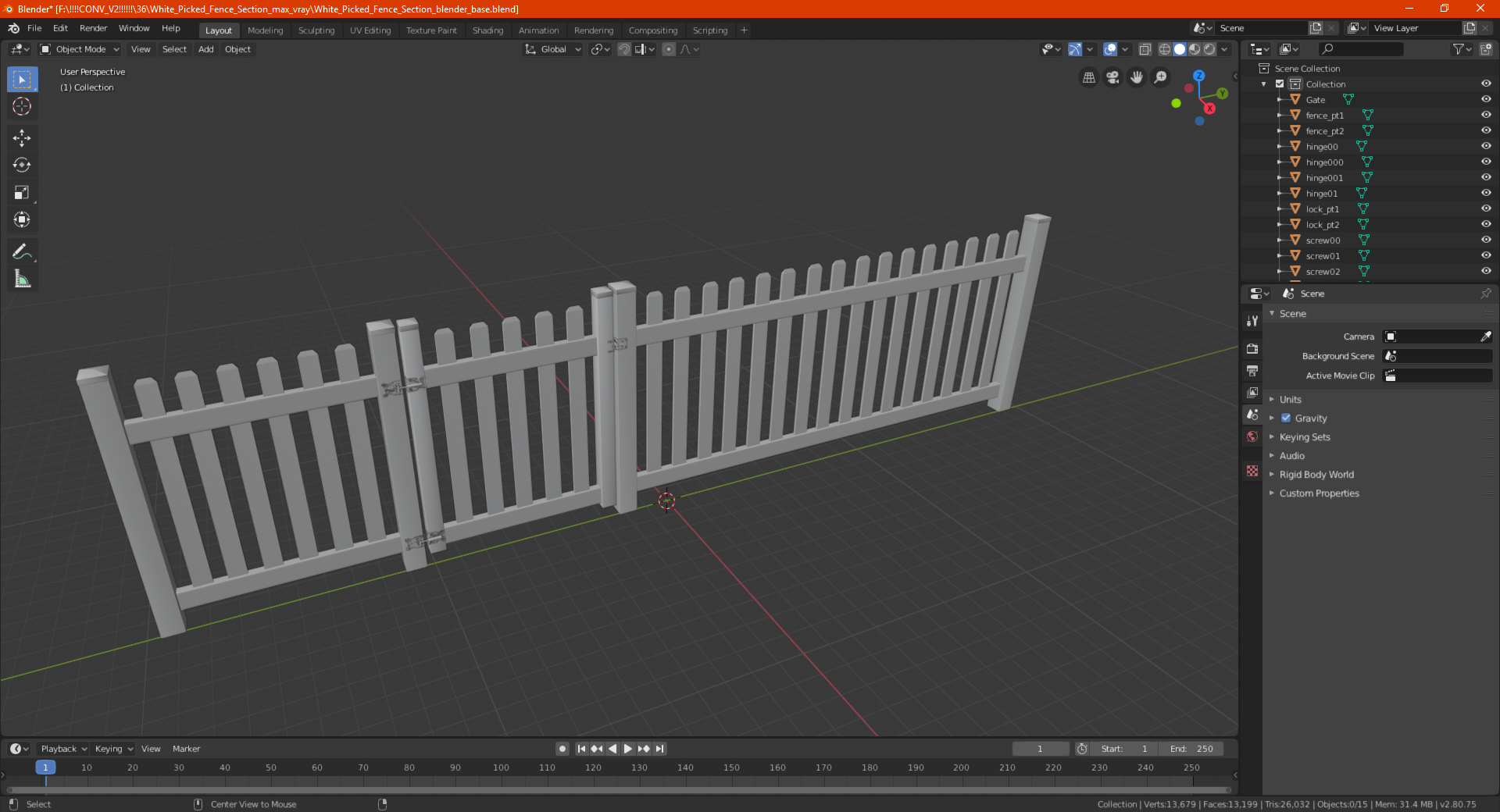 Wooden Picked Fence Section 3D