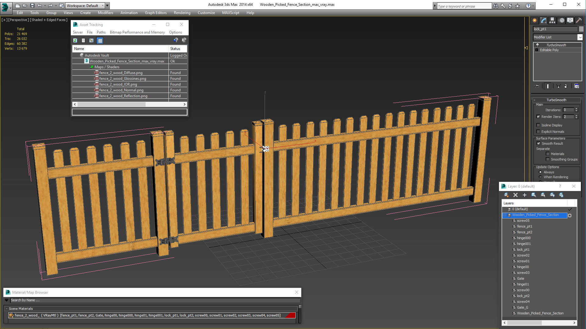 Wooden Picked Fence Section 3D