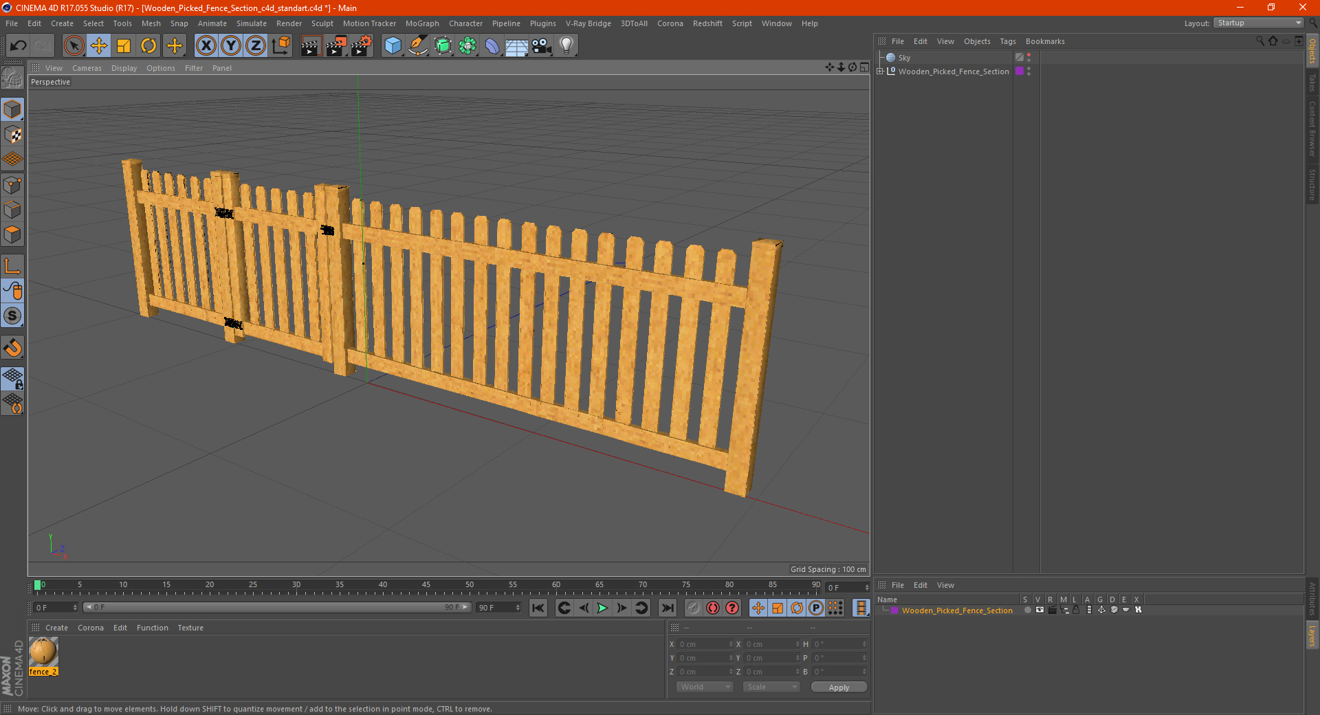 Wooden Picked Fence Section 3D