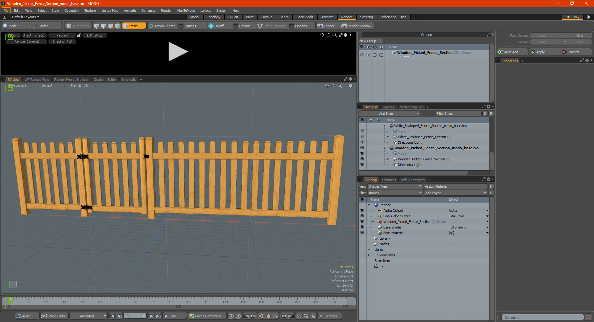 Wooden Picked Fence Section 3D