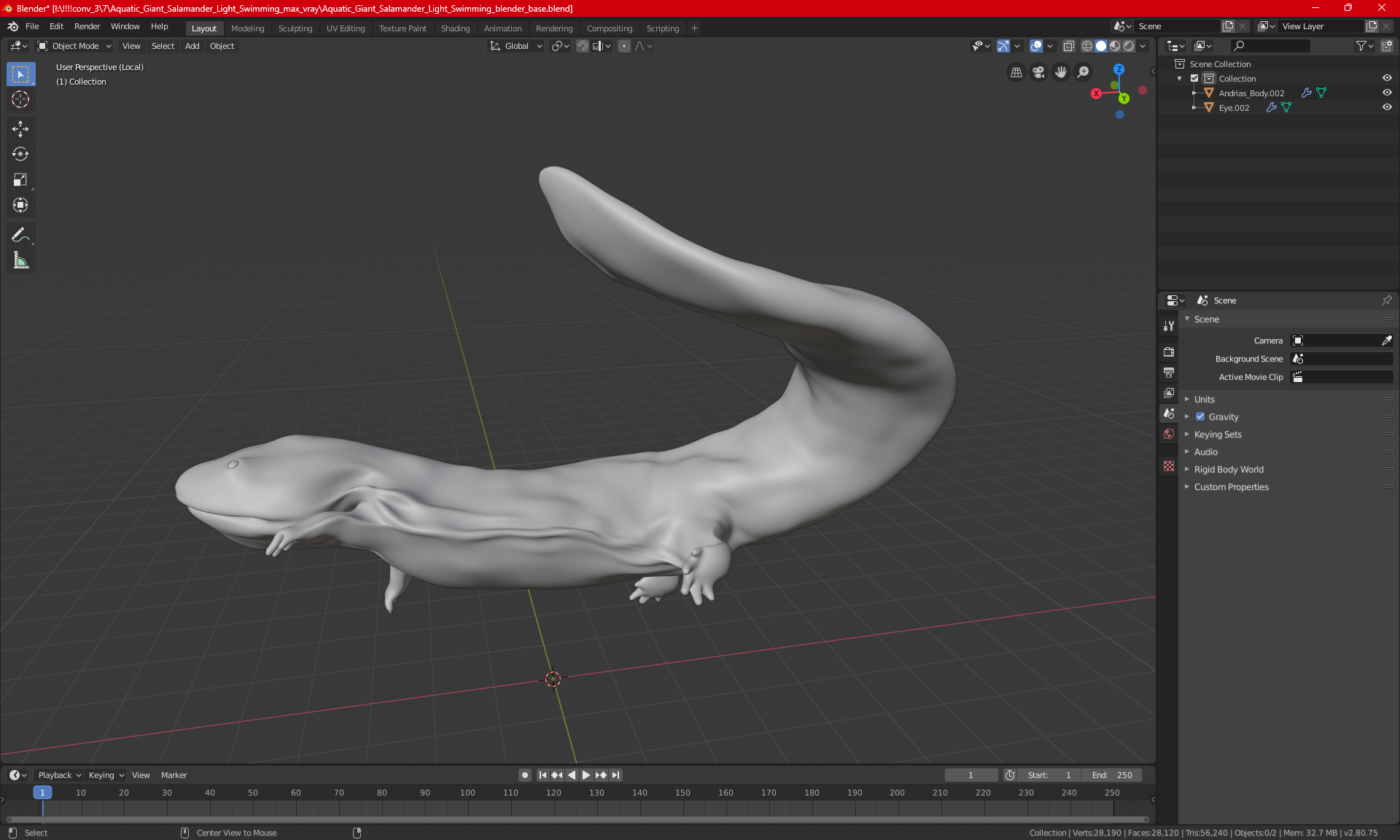 3D Aquatic Giant Salamander Light Wet Swimming model