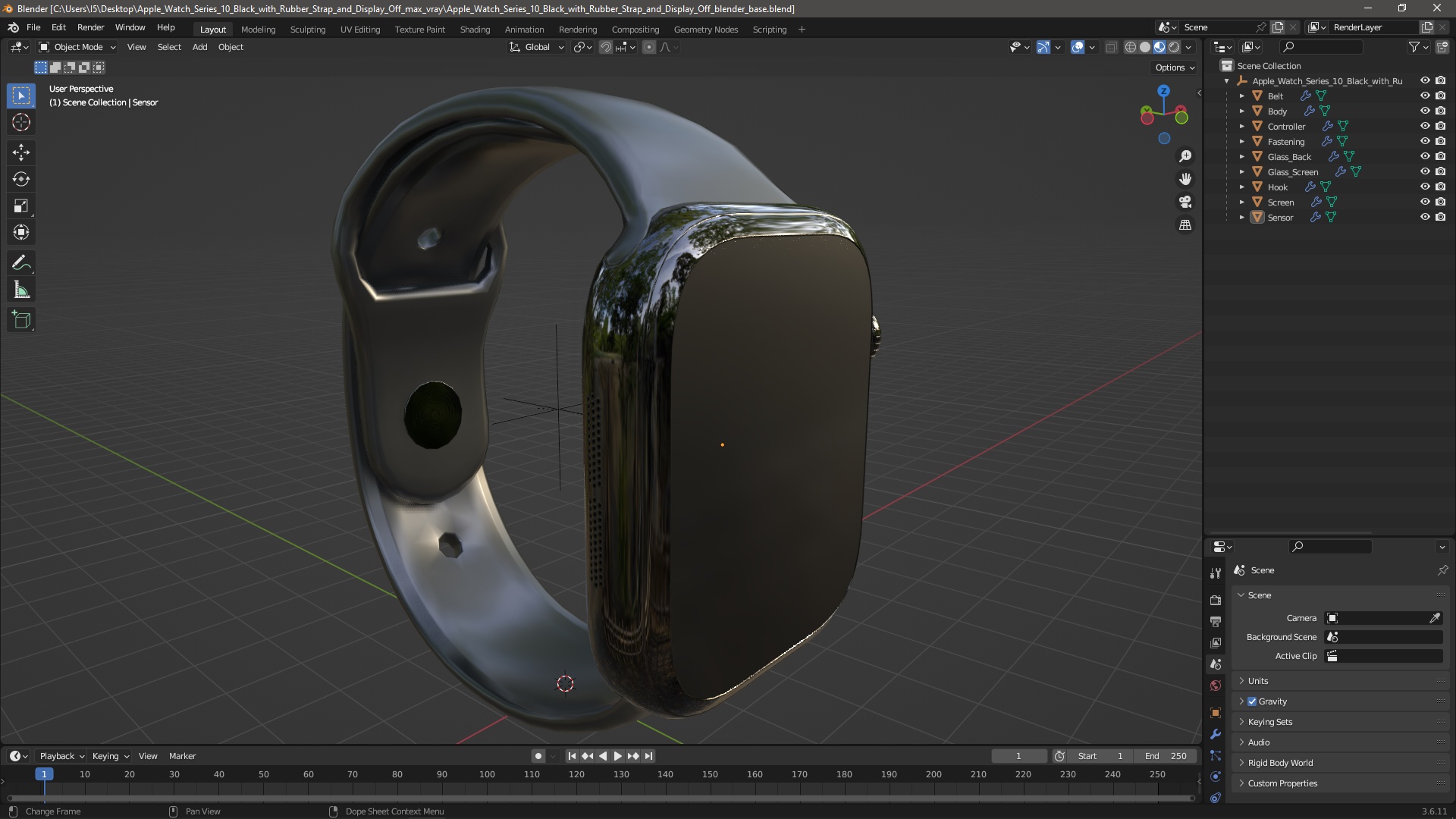 3D Apple Watch Series 10 Black with Rubber Strap and Display Off