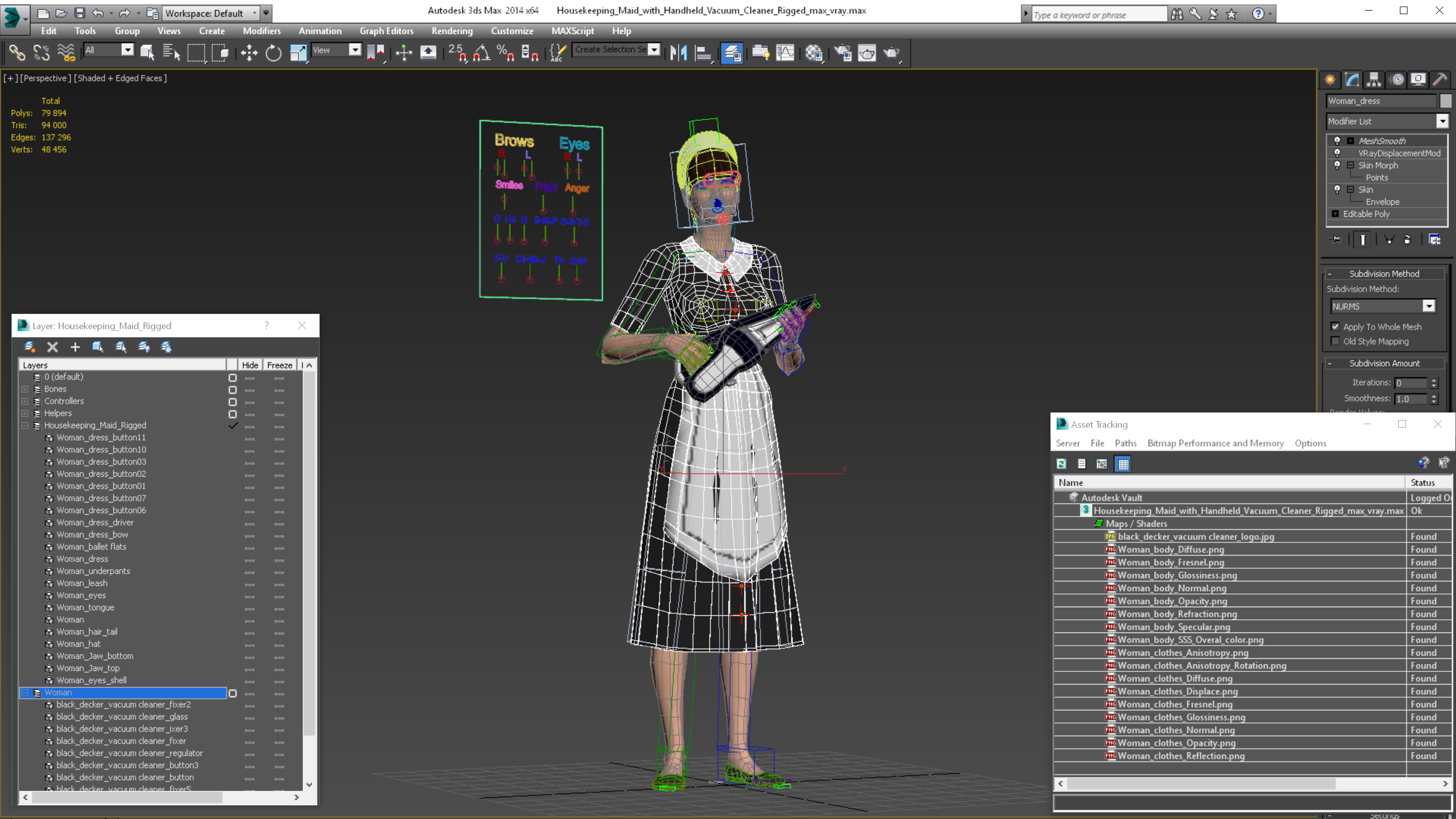Housekeeping Maid with Handheld Vacuum Cleaner Rigged for Maya 3D