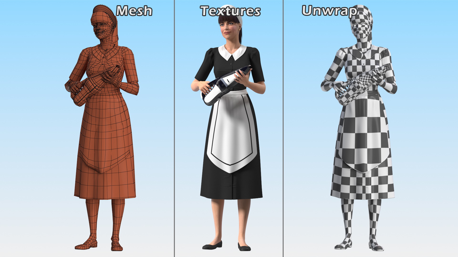 Housekeeping Maid with Handheld Vacuum Cleaner Rigged for Maya 3D