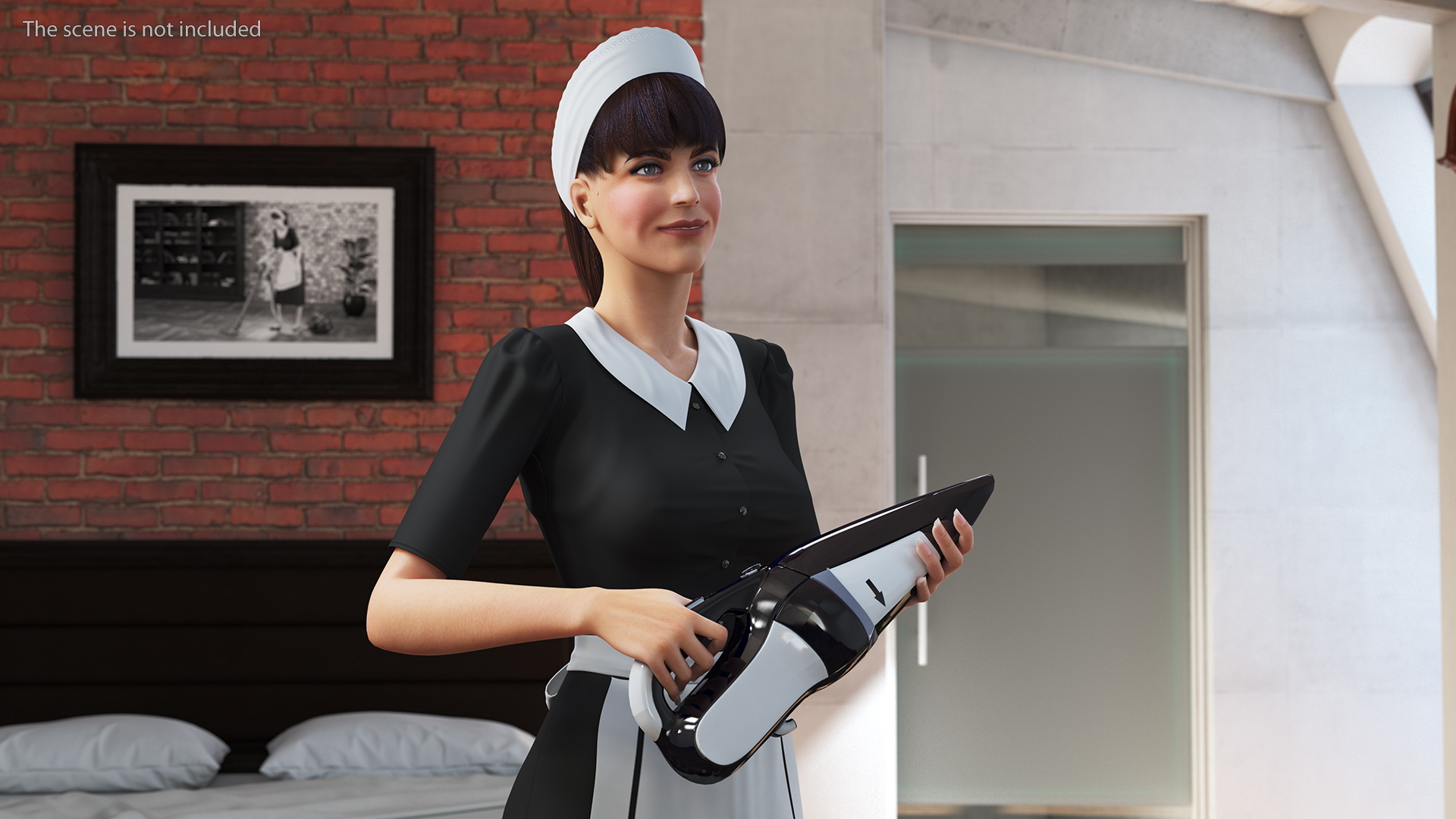 Housekeeping Maid with Handheld Vacuum Cleaner Rigged for Maya 3D