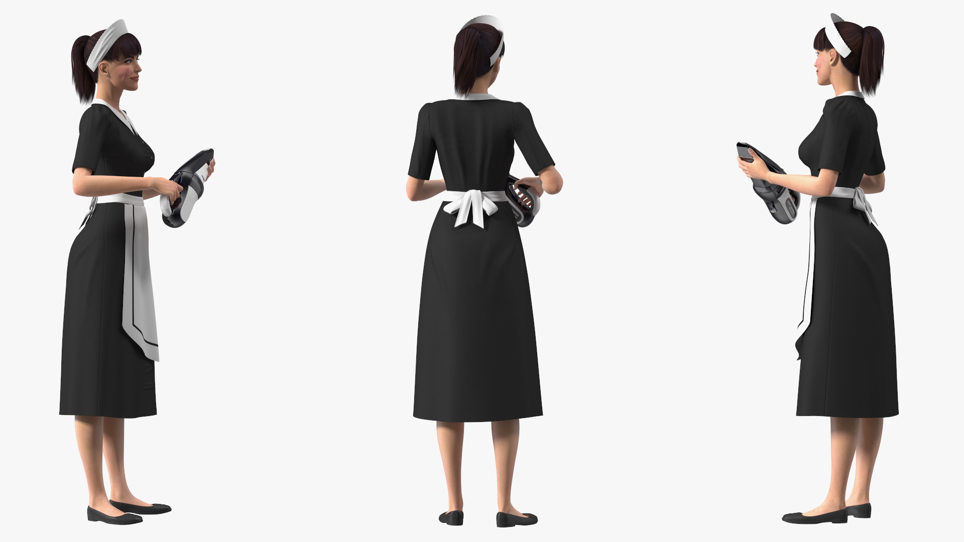 Housekeeping Maid with Handheld Vacuum Cleaner Rigged for Maya 3D