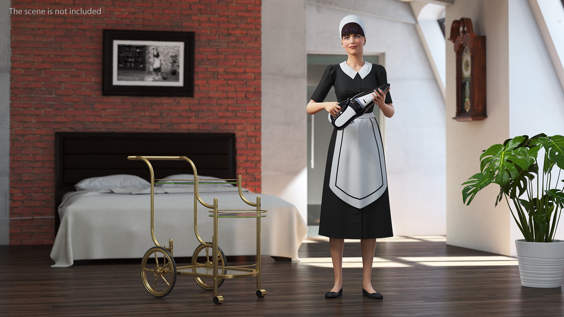 Housekeeping Maid with Handheld Vacuum Cleaner Rigged for Maya 3D
