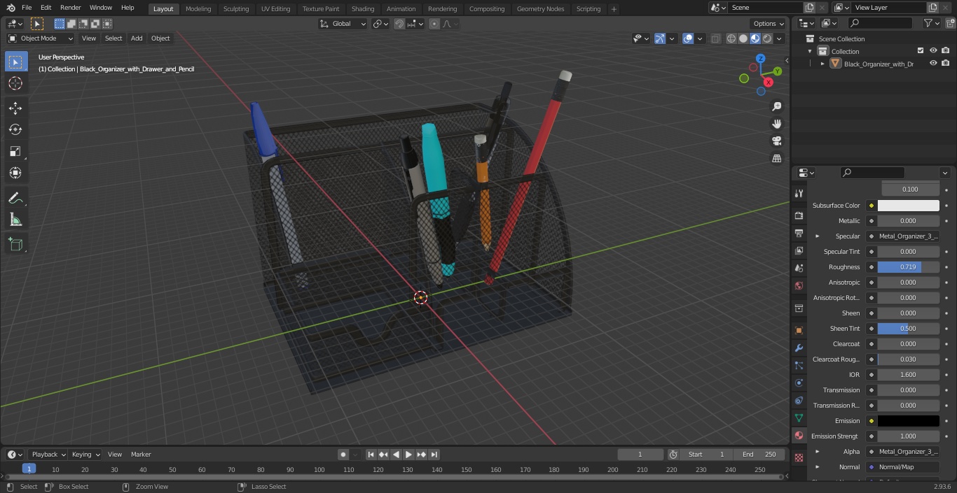 3D Black Organizer with Drawer and Pencil model