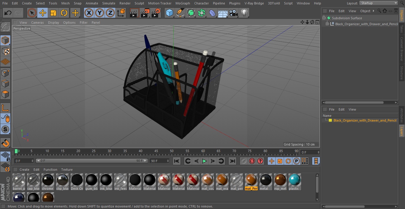 3D Black Organizer with Drawer and Pencil model