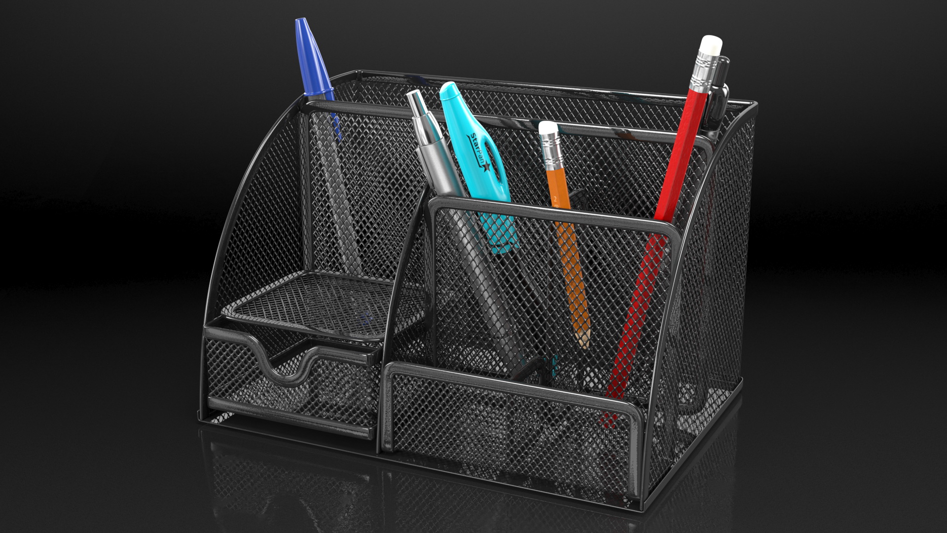 3D Black Organizer with Drawer and Pencil model