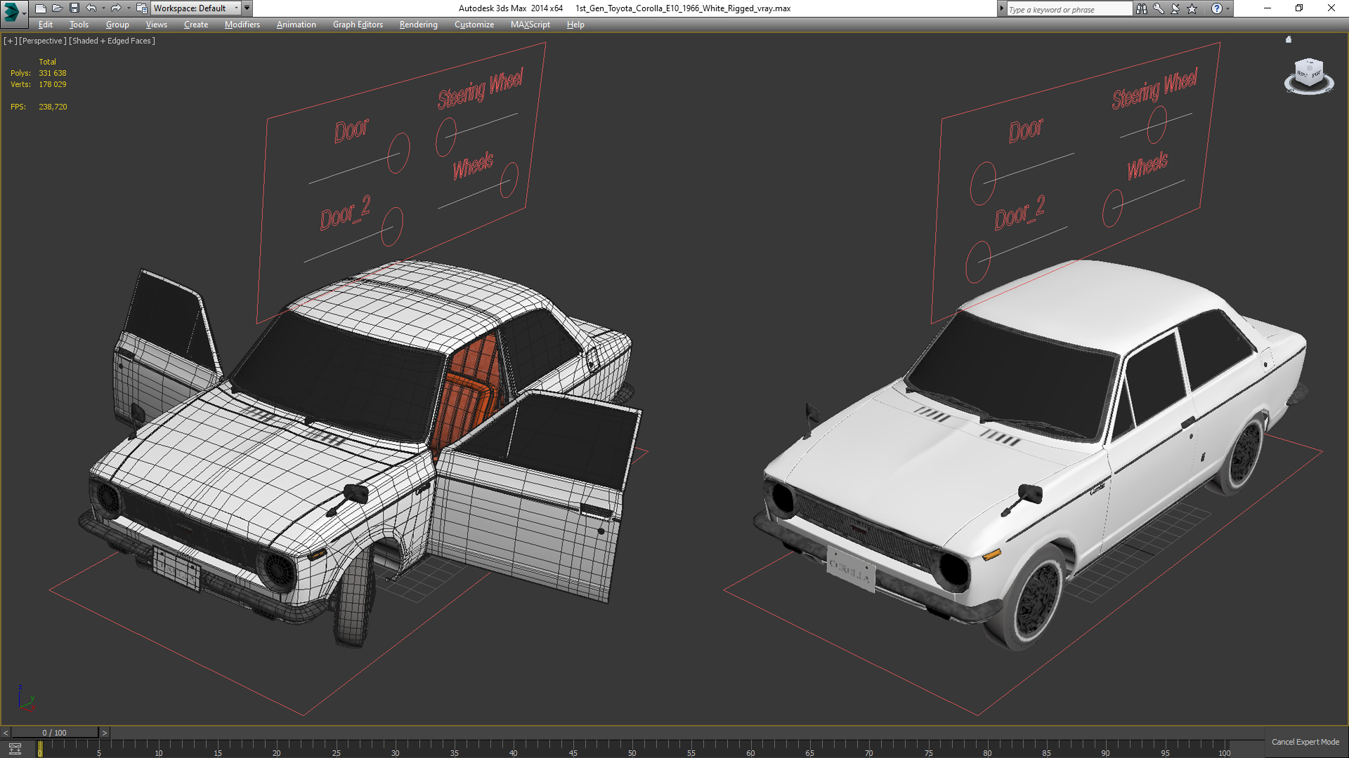 3D 1st Gen Toyota Corolla E10 1966 White Rigged for Maya model