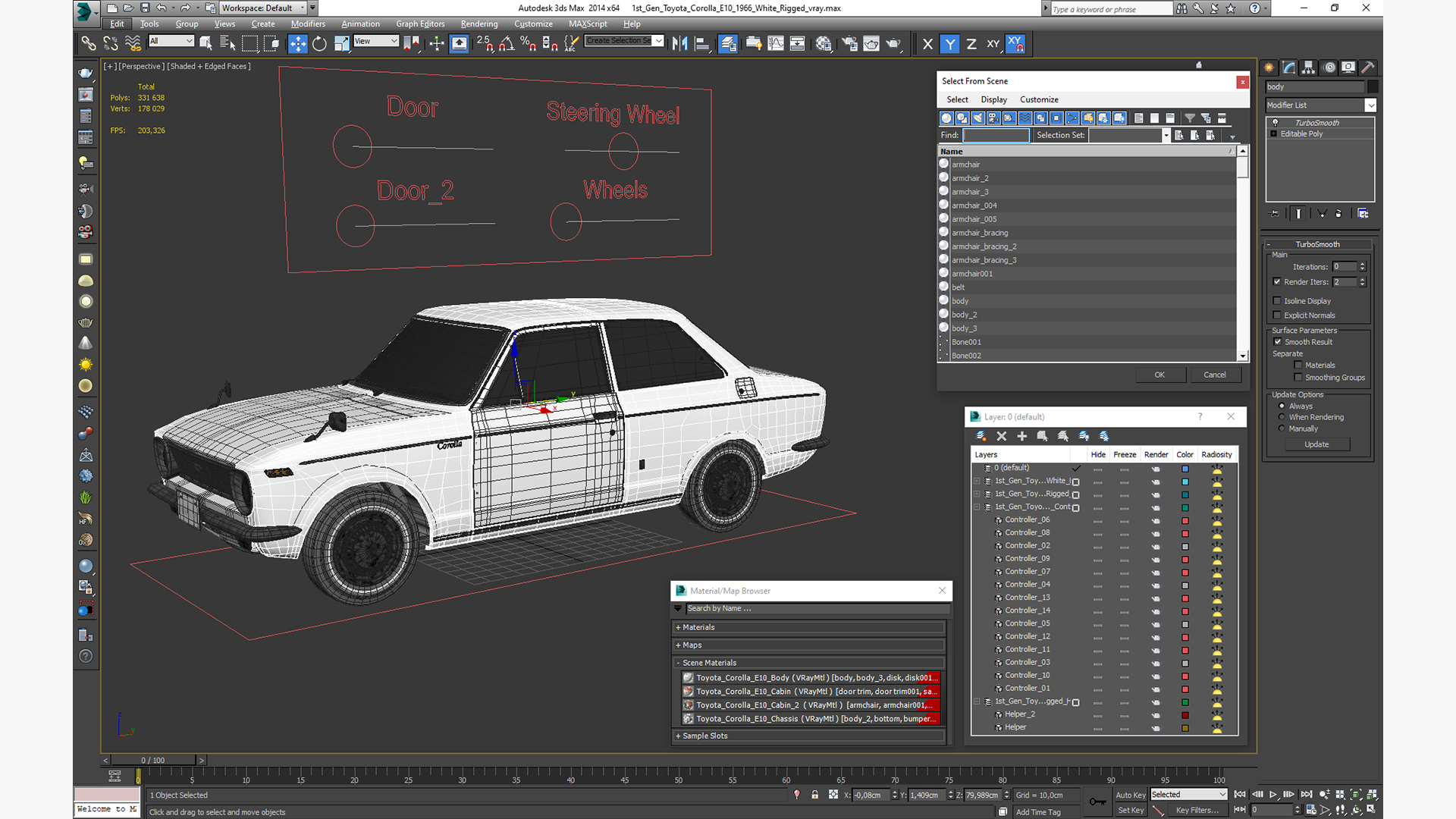 3D 1st Gen Toyota Corolla E10 1966 White Rigged for Maya model