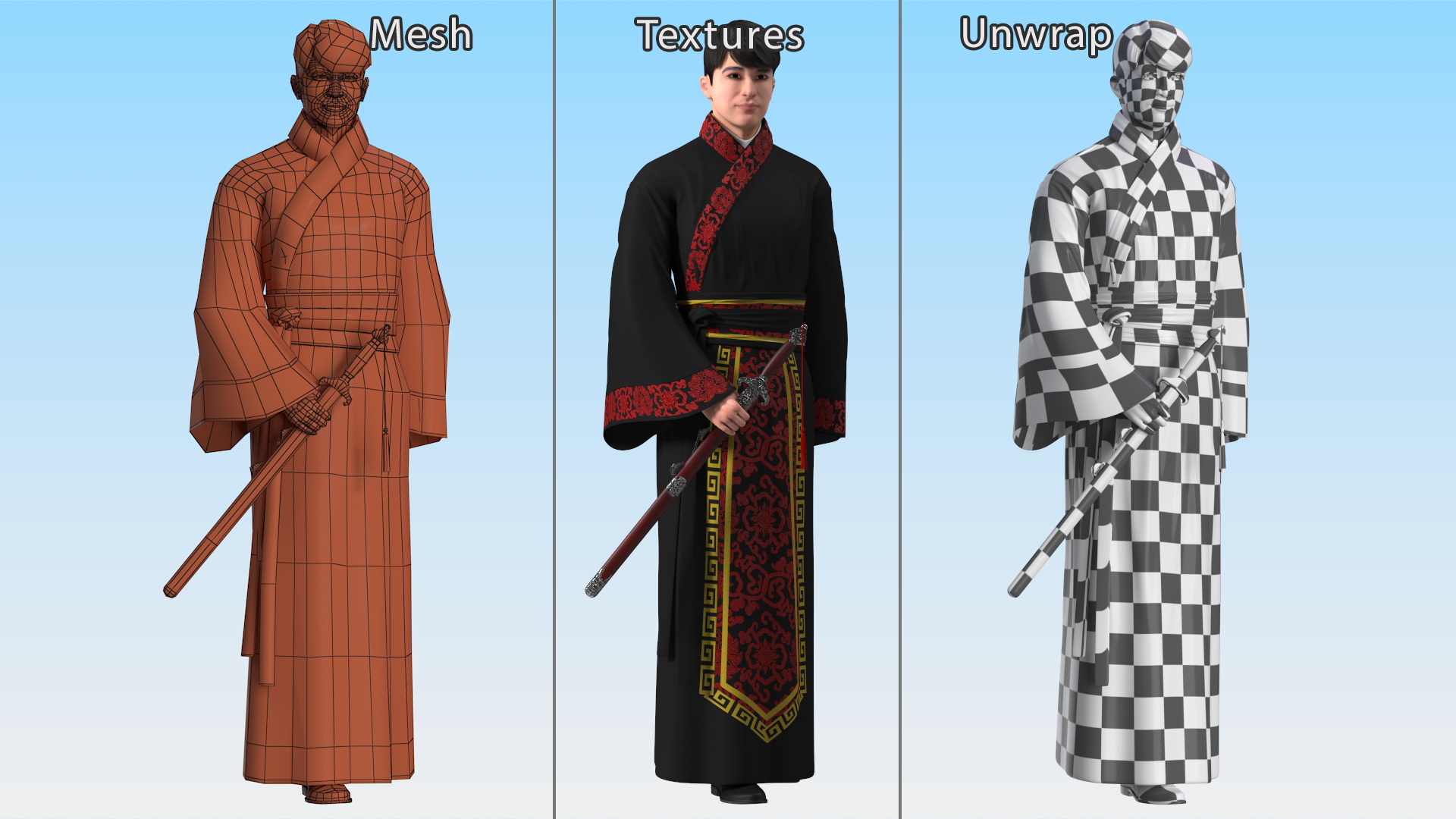 Chinese Man in Traditional Clothes Walking 3D