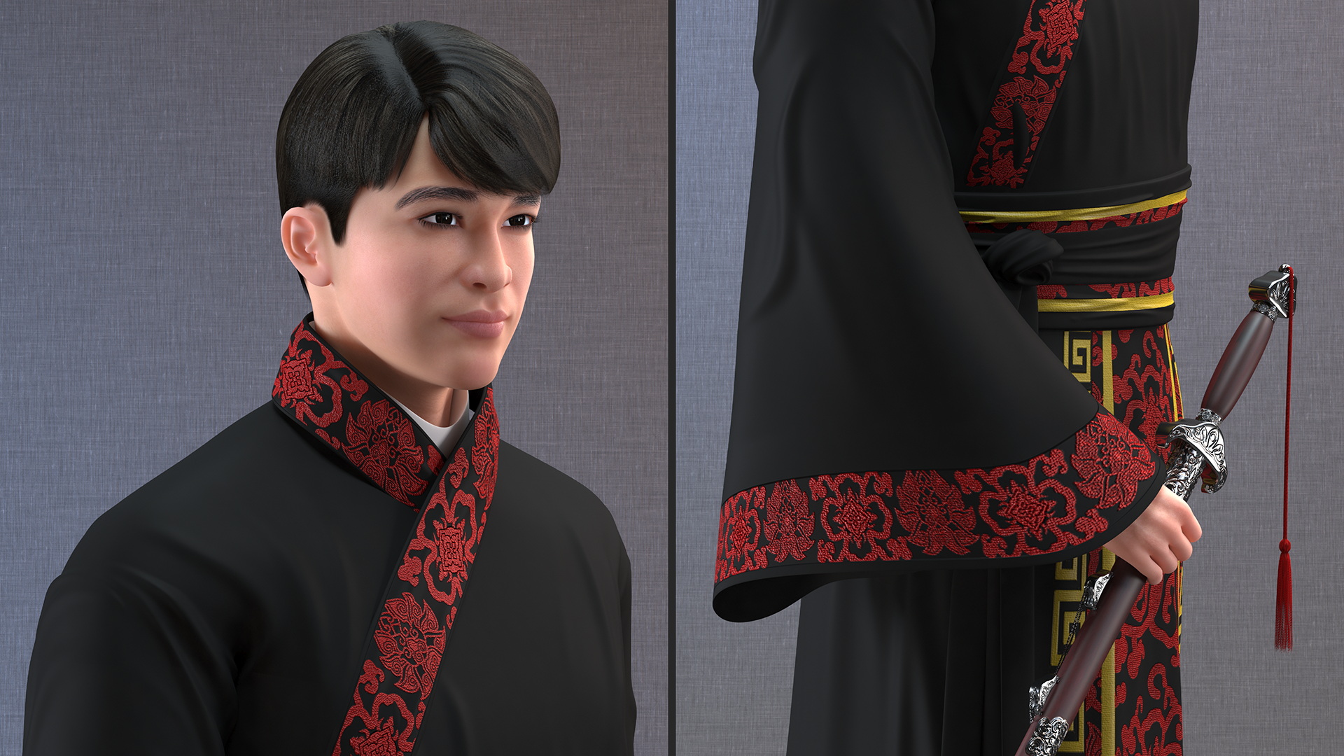 Chinese Man in Traditional Clothes Walking 3D