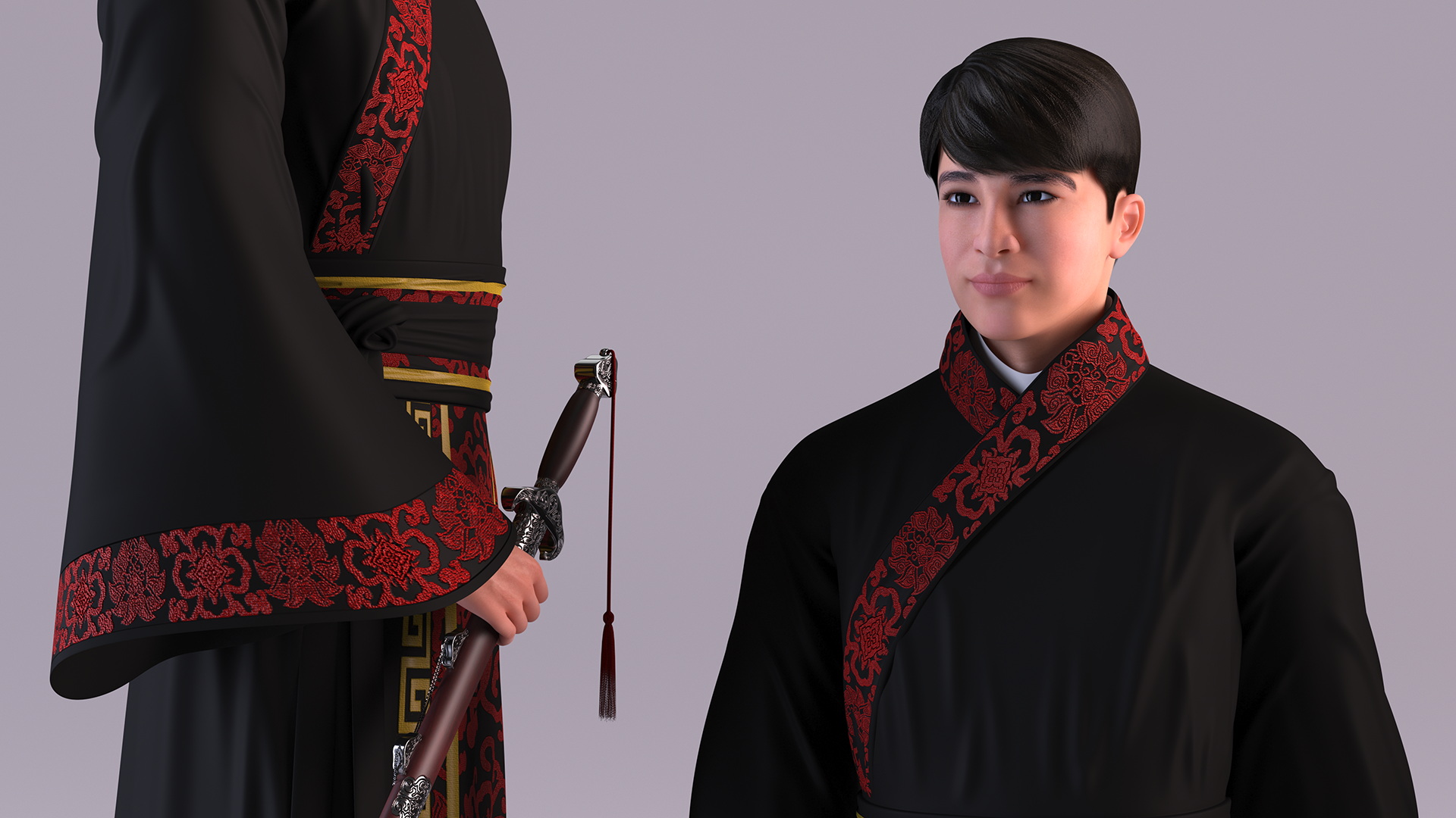 Chinese Man in Traditional Clothes Walking 3D