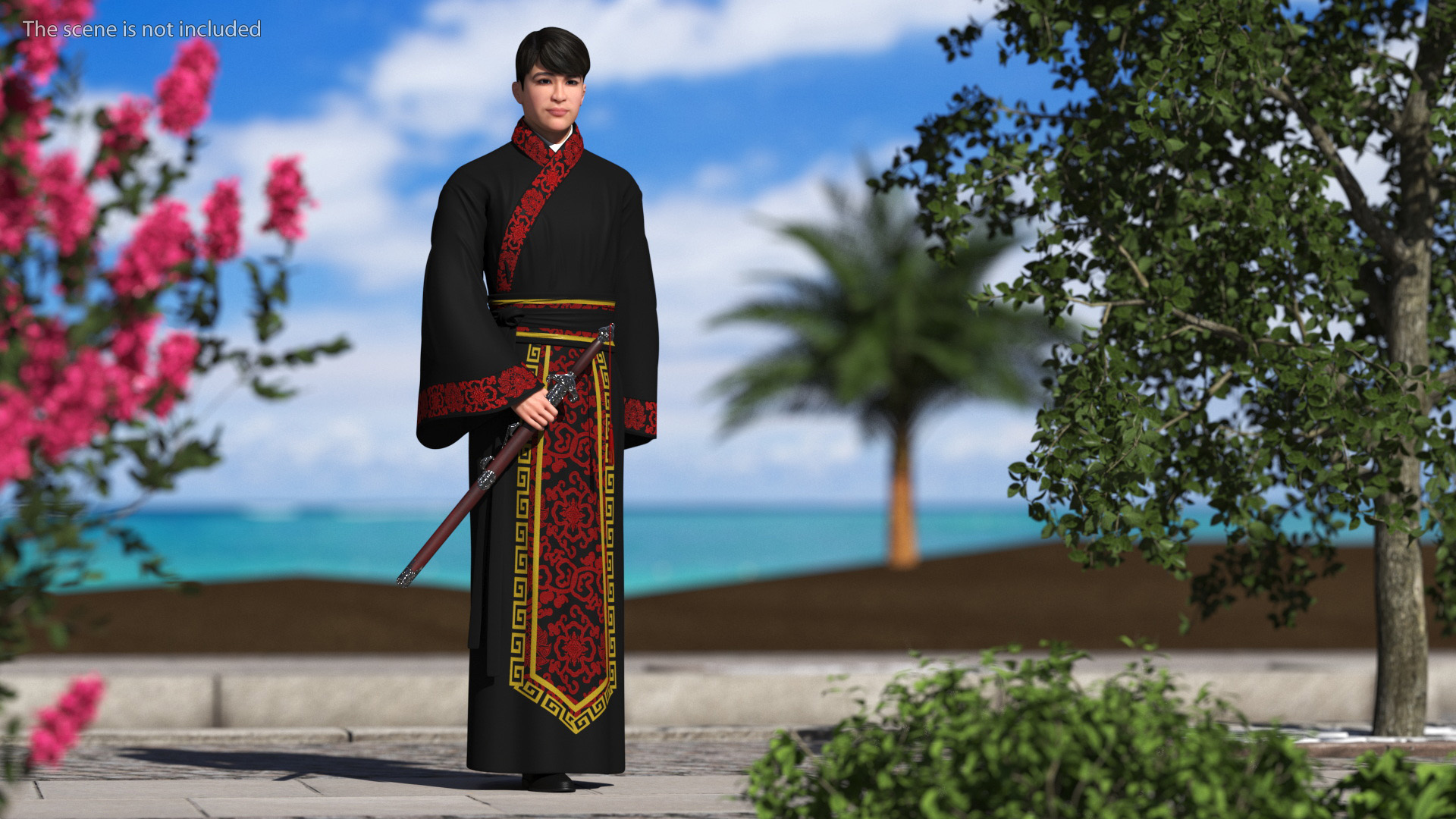 Chinese Man in Traditional Clothes Walking 3D