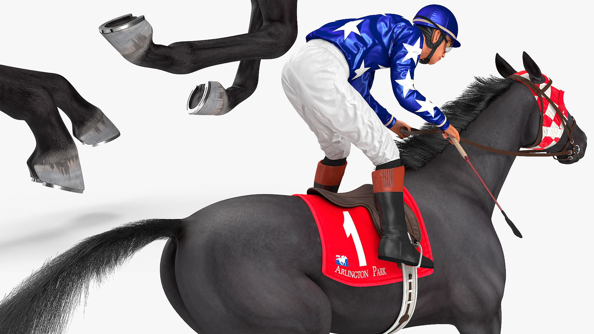 3D model Gallop Black Racing Horse with Jokey Fur