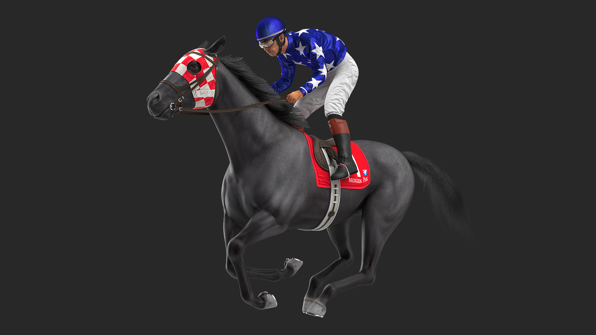 3D model Gallop Black Racing Horse with Jokey Fur