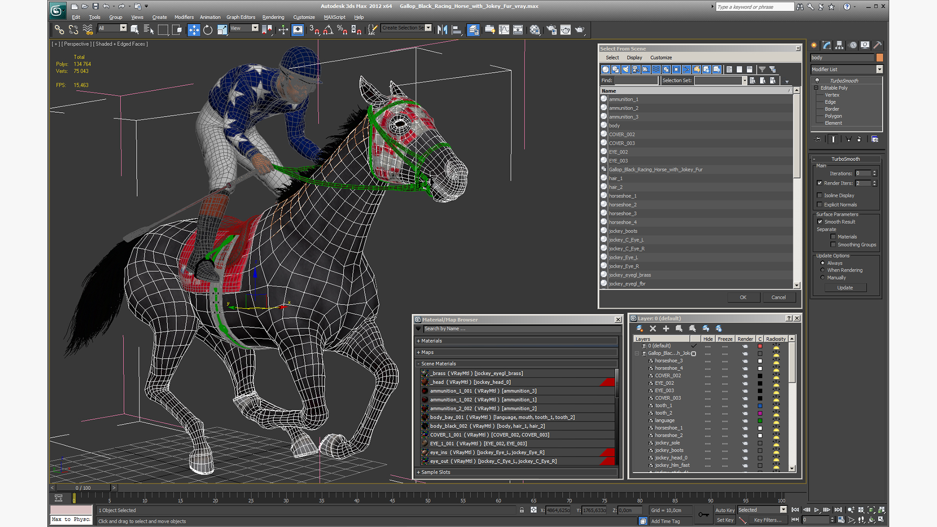 3D model Gallop Black Racing Horse with Jokey Fur